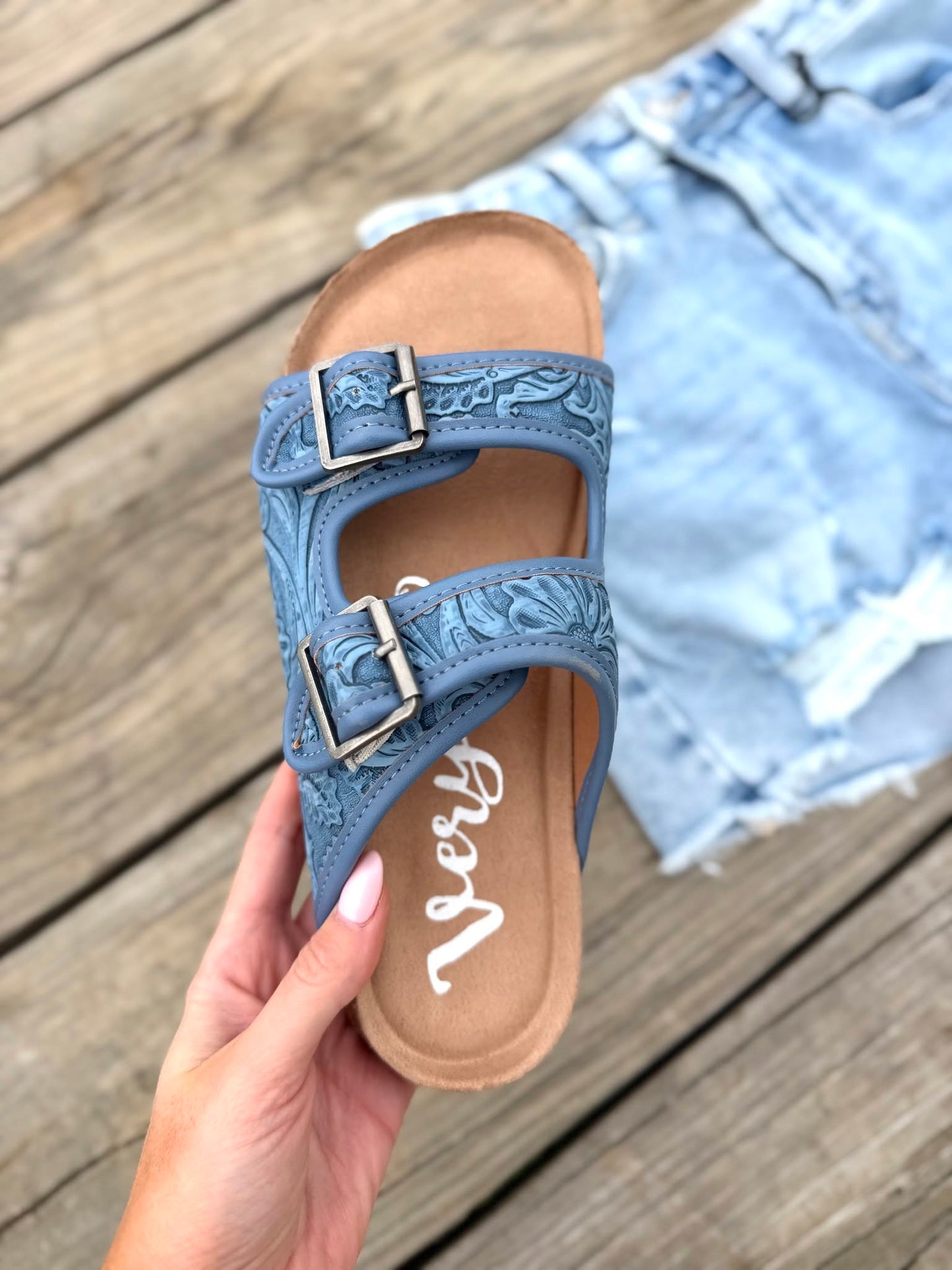 Very G Blue Tooled Buckle Sandals | Women’s Double Strap Slide Sandals