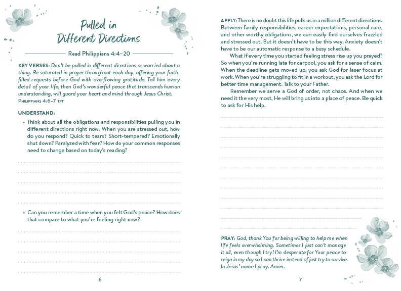 “The 5-Minute Bible Study Journal for a Less Stressed Life — front cover floral design”
“Inside pages showing daily devotional format: Read, Understand, Apply, Pray”
“Spiral bound devotional journal—pocket-friendly size”