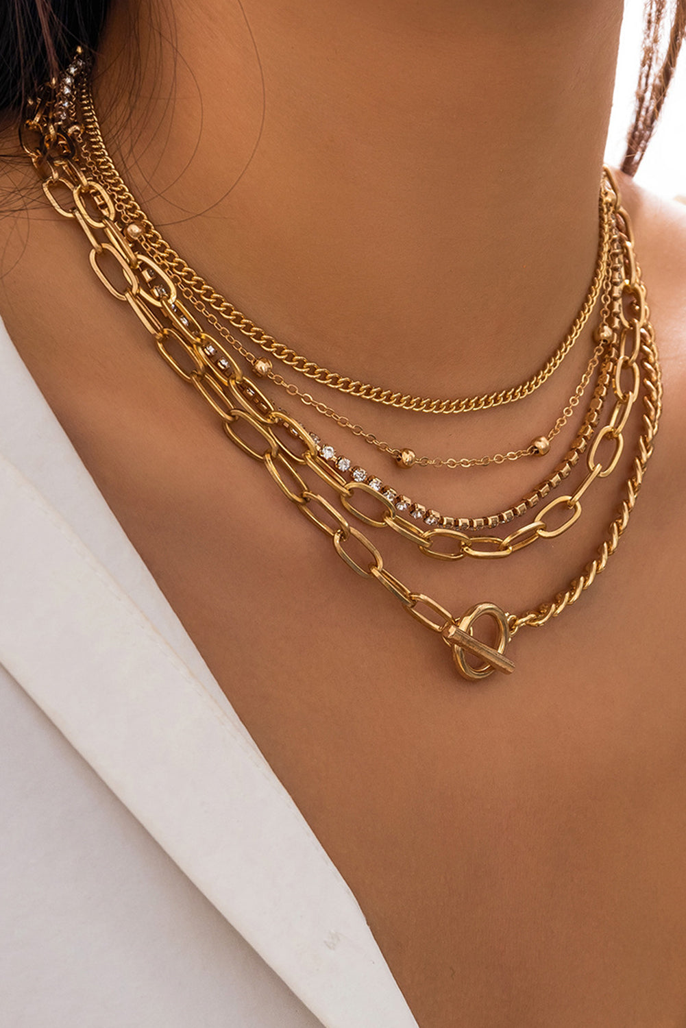 Gold 5‑Piece Layered Rhinestone-Plated Collarbone Necklace Set – Mix & Match Glam 🌟