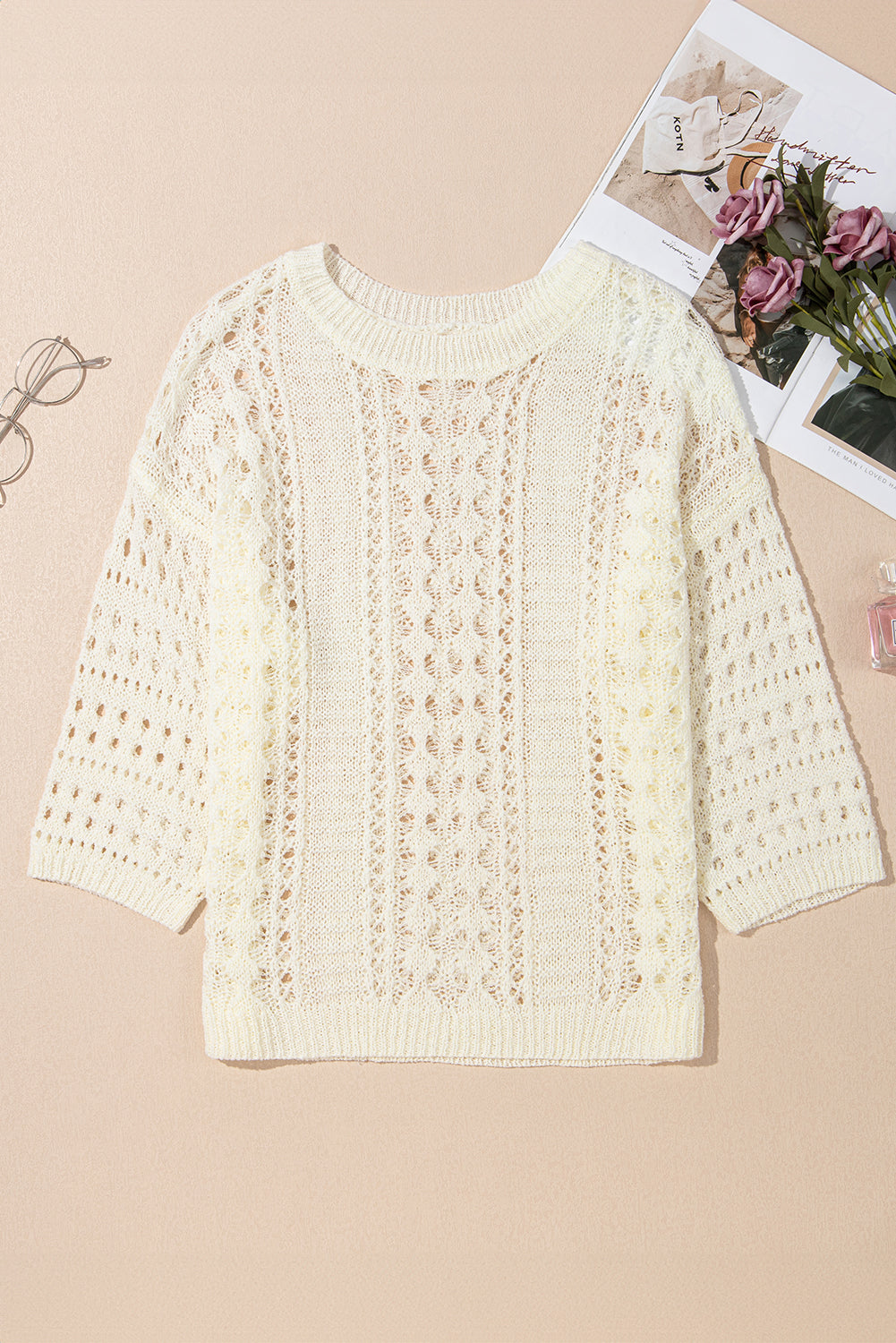 White hollow‑out knit sweater front view – lightweight crochet pullover
White hollow‑out knit sweater back view – relaxed drop shoulder bracelet sleeve knit sweater
White hollow‑out knit sweater styled outfit – breathable knit layered over tank
White hollow‑out knit sweater close‑up – detailed hollow‑out stitch texture
White hollow‑out knit sweater flat lay – casual open knit pullover display