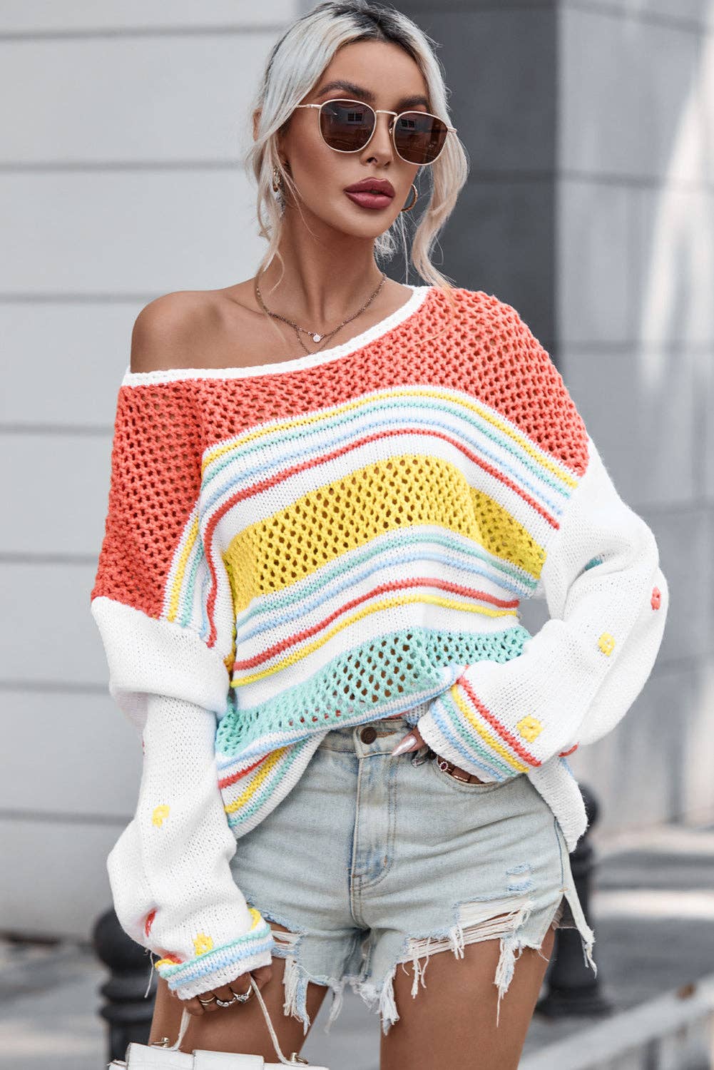 “Multicolor hollow-striped knit sweater with contrast sleeves”
“Lightweight drop-shoulder striped pullover with bright sleeves”
“Layered hollow-knit sweater featuring bold multicolor stripes – B7 Boutique”