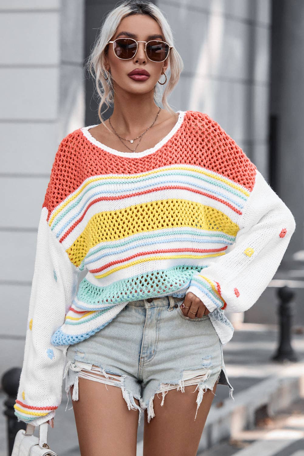 “Multicolor hollow-striped knit sweater with contrast sleeves”
“Lightweight drop-shoulder striped pullover with bright sleeves”
“Layered hollow-knit sweater featuring bold multicolor stripes – B7 Boutique”