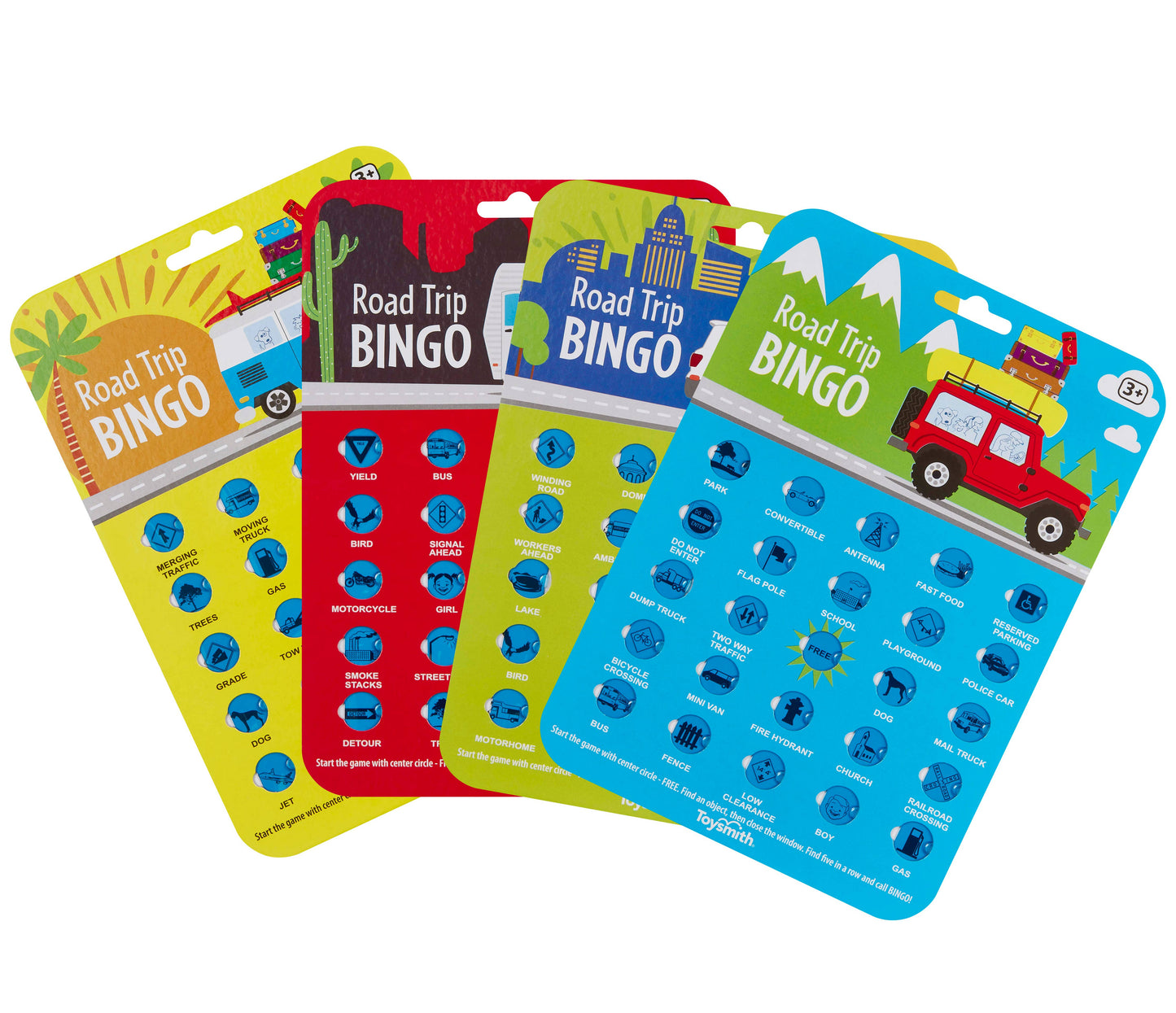 Road Trip Bingo cards: Desert, City, Beach, and Mountain themed slide-window boards
Card close-up showing sliding panels covering bingo icons
Child holding Road Trip Bingo card inside car
Four themed cards spread flat showing variety of illustrations