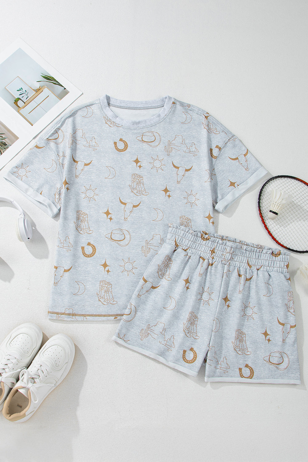 Gray Western Print Tee & Elastic Waist Shorts Set | Boutique Summer Lounge Set