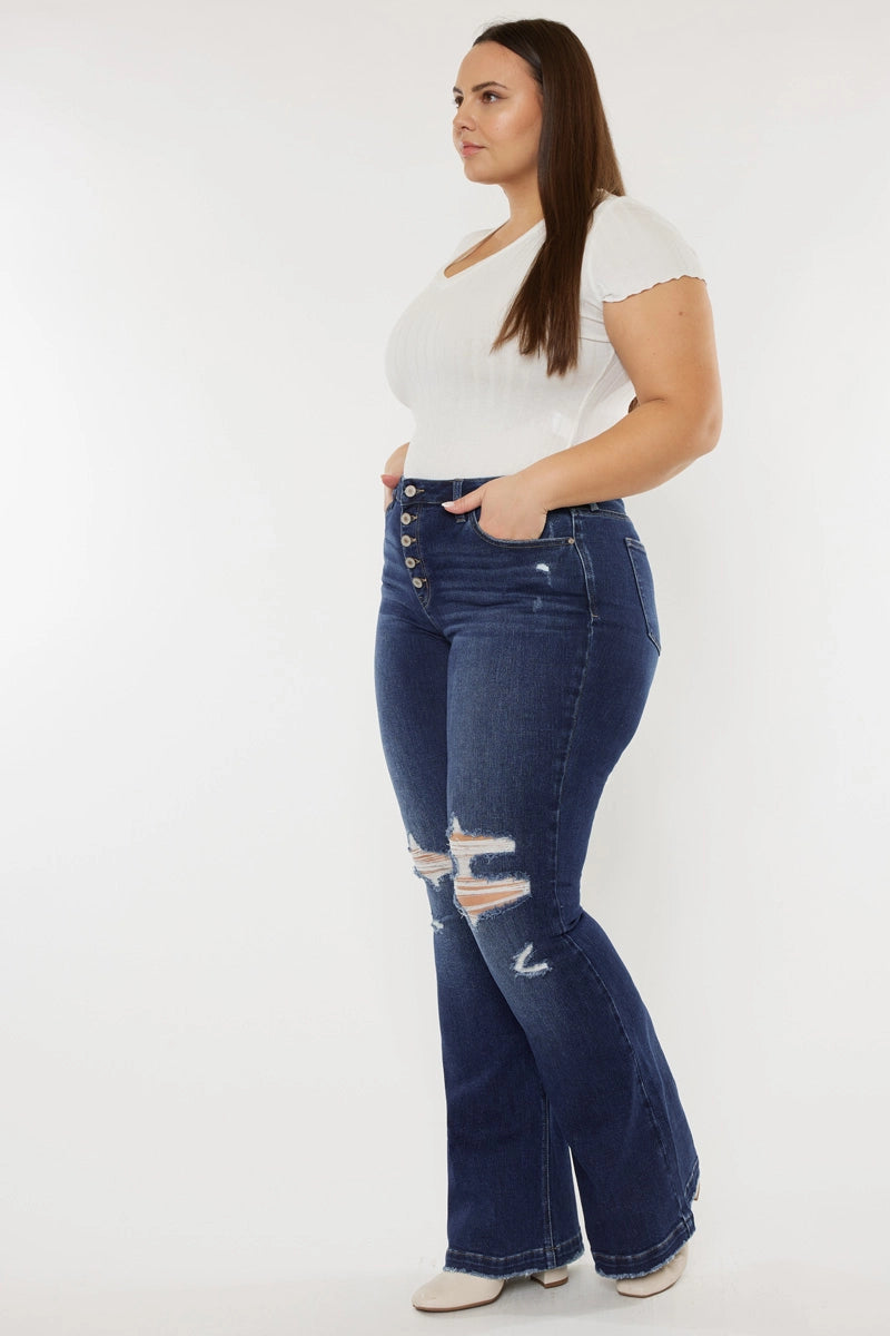 Mid Rise Distressed Flare Jeans by KanCan – front view