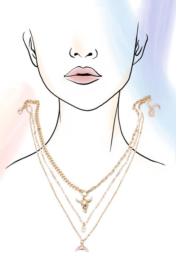 Desert Charm Layered Necklace | Bull Horn Multi Layer Gold Necklace