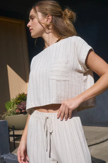 Pinstripe Cuff Sleeve Back Button Crop Top – Blu Pepper Cute & Chic 🌟