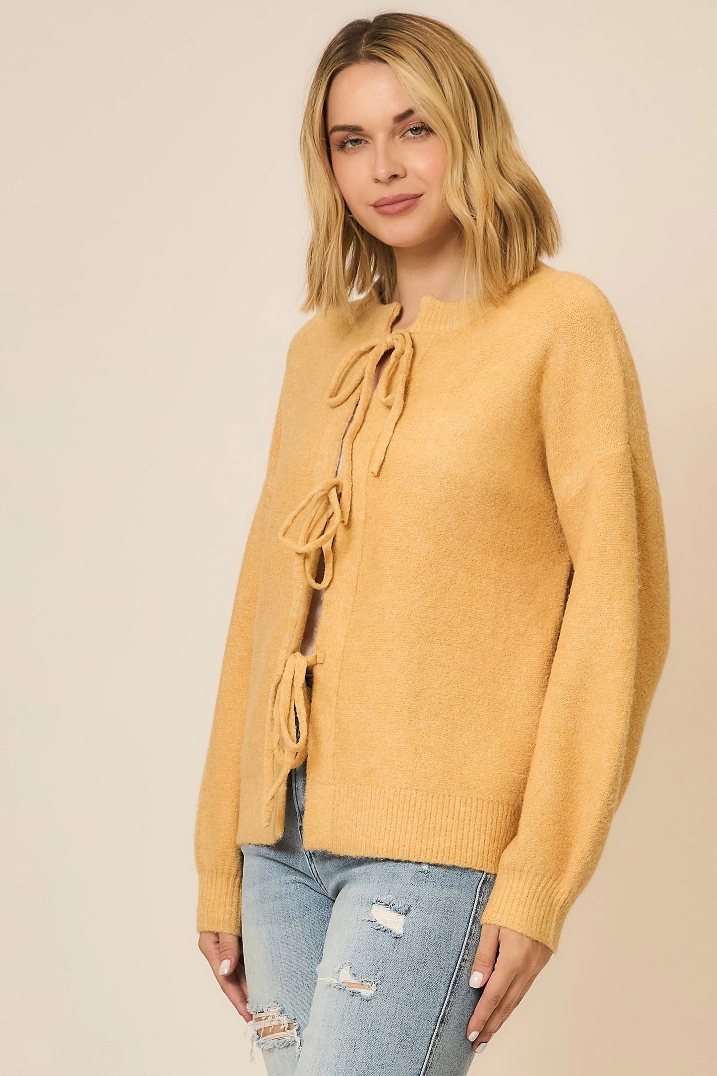 Golden Thread Tie-Front Knit Cardigan