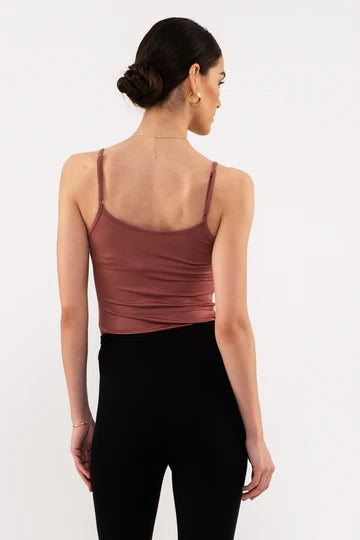 Blu Pepper solid knit cami tank top with scoop neckline and adjustable straps in Dusty Mauve
Close-up view of strap adjuster and fabric texture
Flat lay of Blu Pepper cami in Deep Taupe