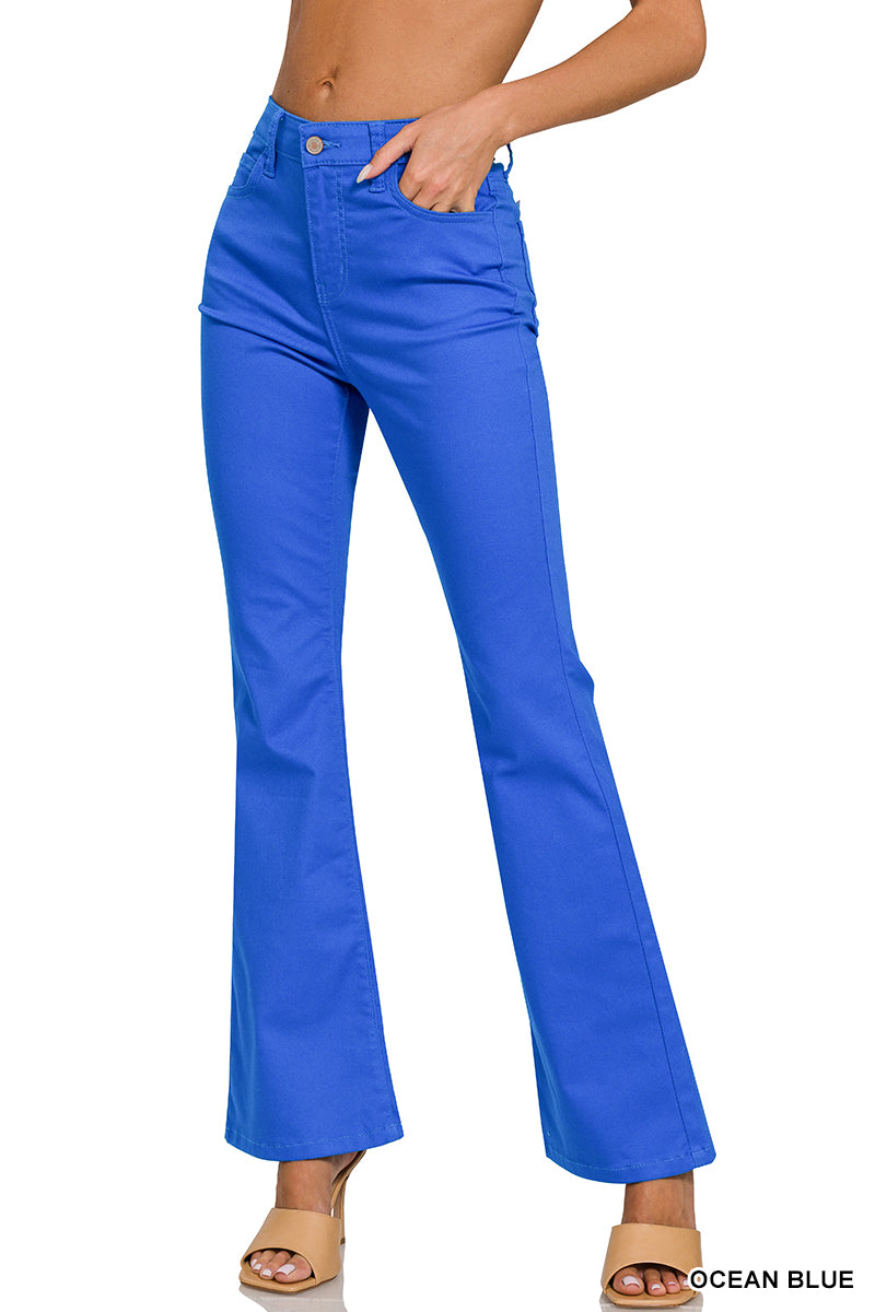 Zenana Mid-Rise Flare Jeans – front view with button-fly