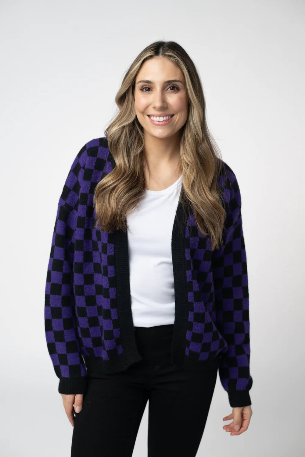 Purple Reign Checkered Cardigan | Black & Purple Open Front Knit Sweater