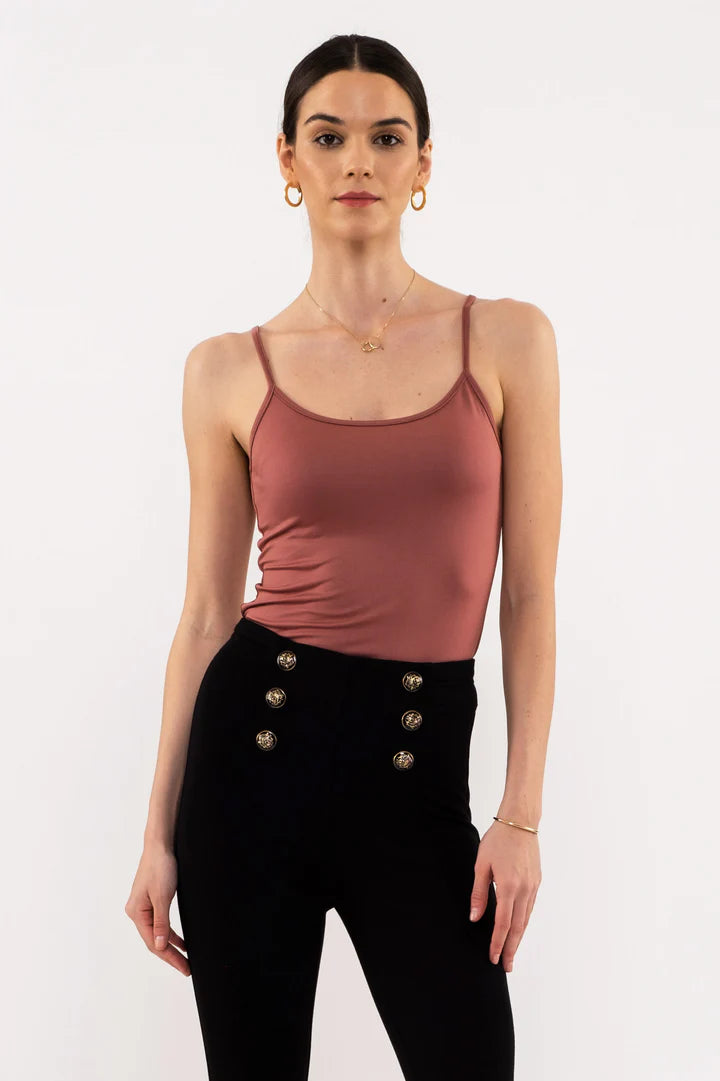 Blu Pepper solid knit cami tank top with scoop neckline and adjustable straps in Dusty Mauve
Close-up view of strap adjuster and fabric texture
Flat lay of Blu Pepper cami in Deep Taupe