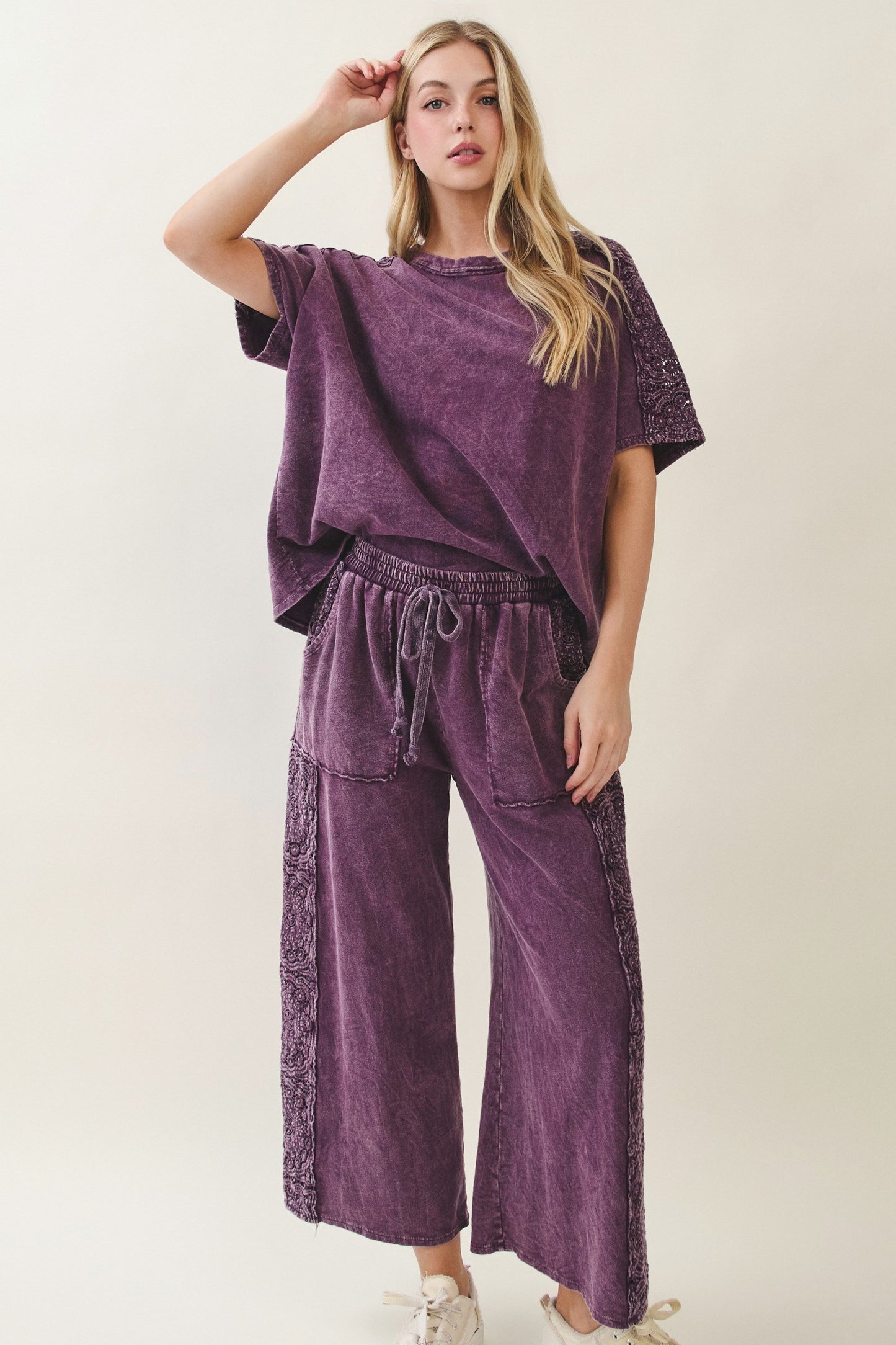 Mineral Washed Boho Trim Wide Leg Pants | Eggplant Boutique Pants