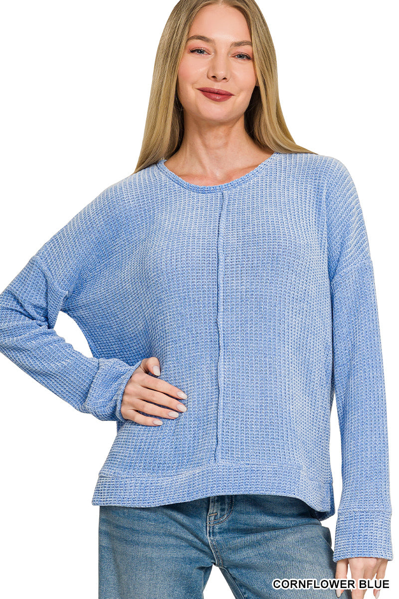 Zenana Cornflower Blue Chenille Waffle Sweater | Center Seam Crewneck Pullover
