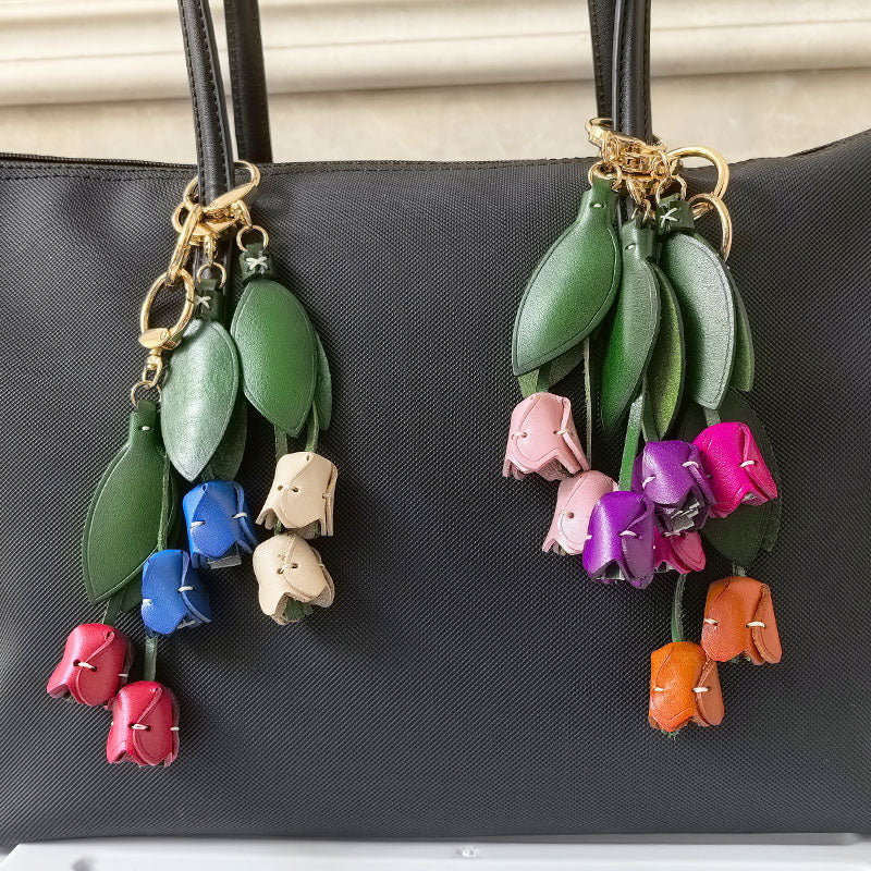 Genuine Leather Tulip Bag Charm β Handmade Floral Keychain Purse Accessory for Women