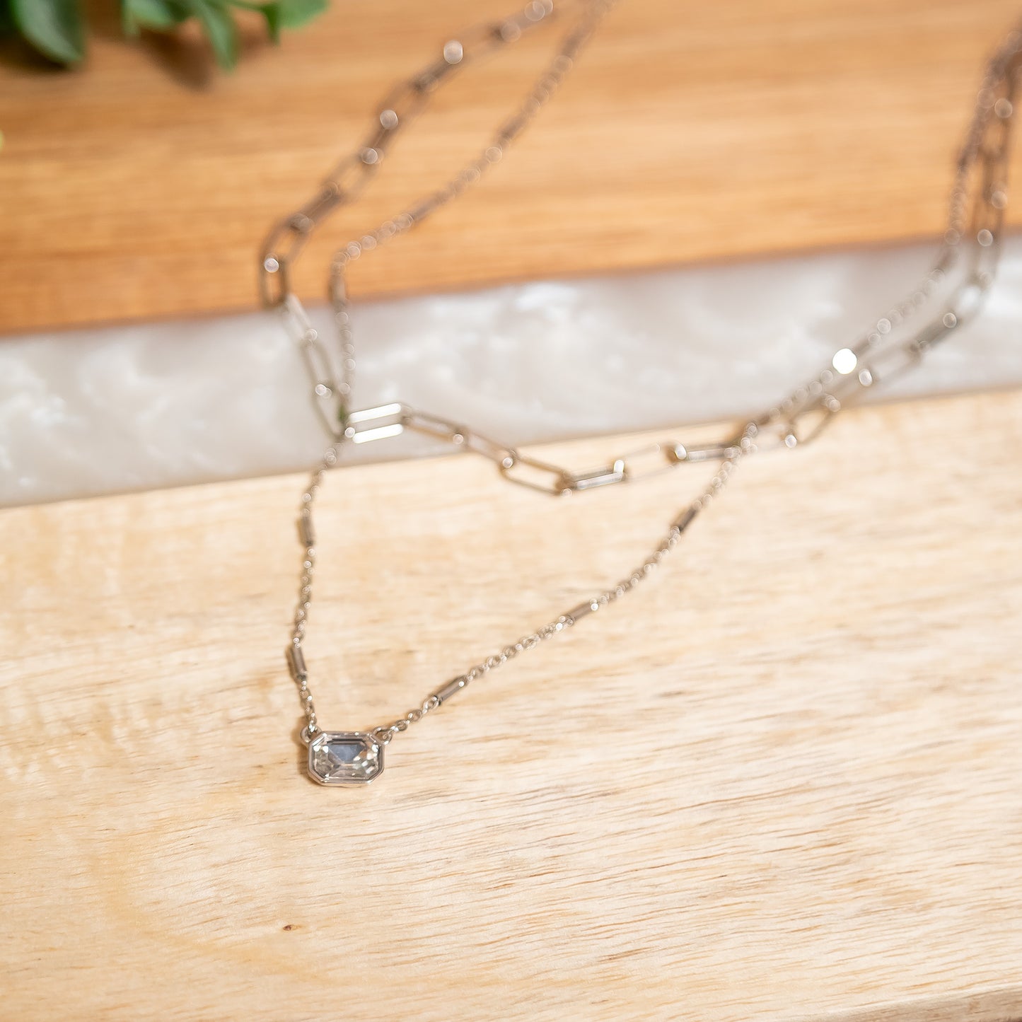 Silver Layered Chain Necklace with Crystal Pendant
