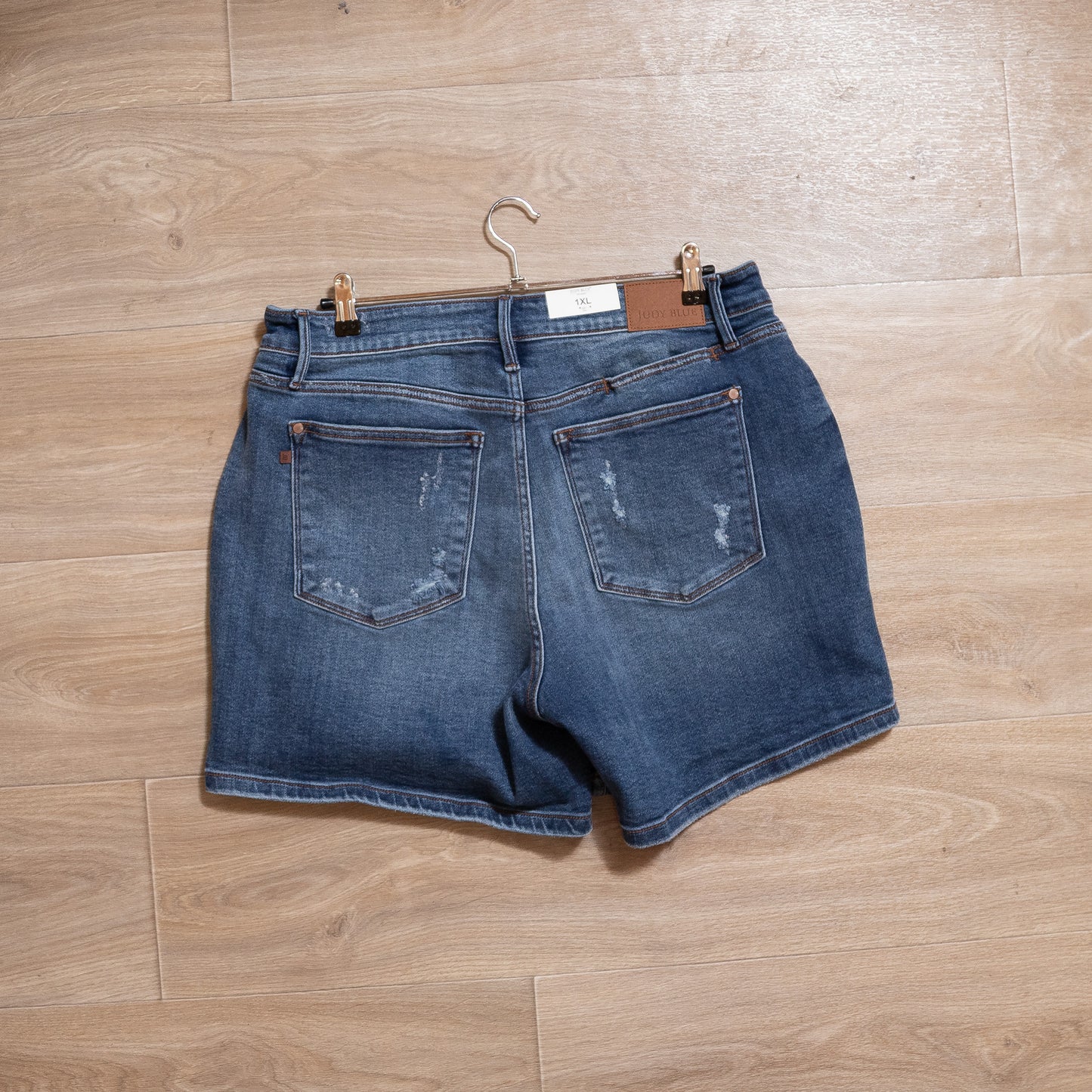 Judy Blue Dad Shorts – Mid-Rise Destroyed Denim with Yoke Cell‑Phone Pocket & Faux Selvedge Cuff