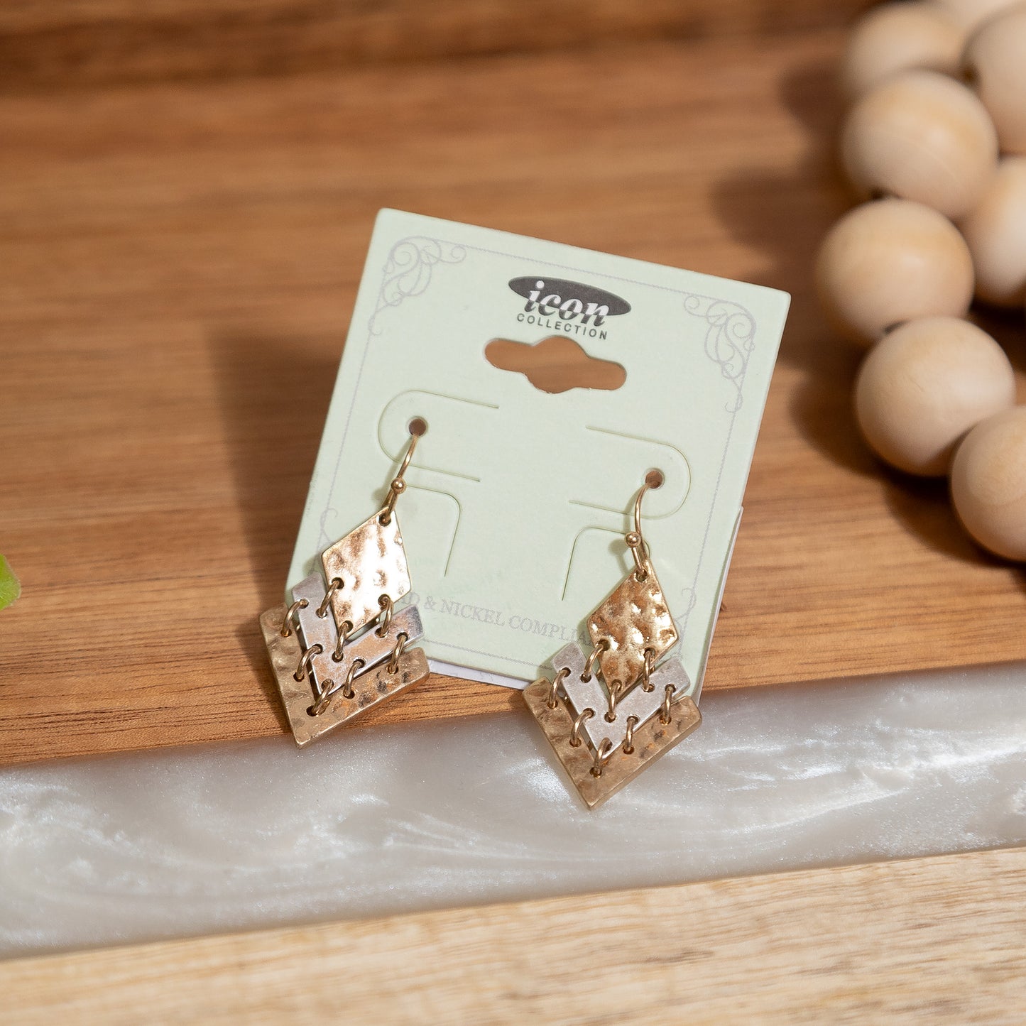Hammered Geometric Layered Drop Earrings – Gold Tone