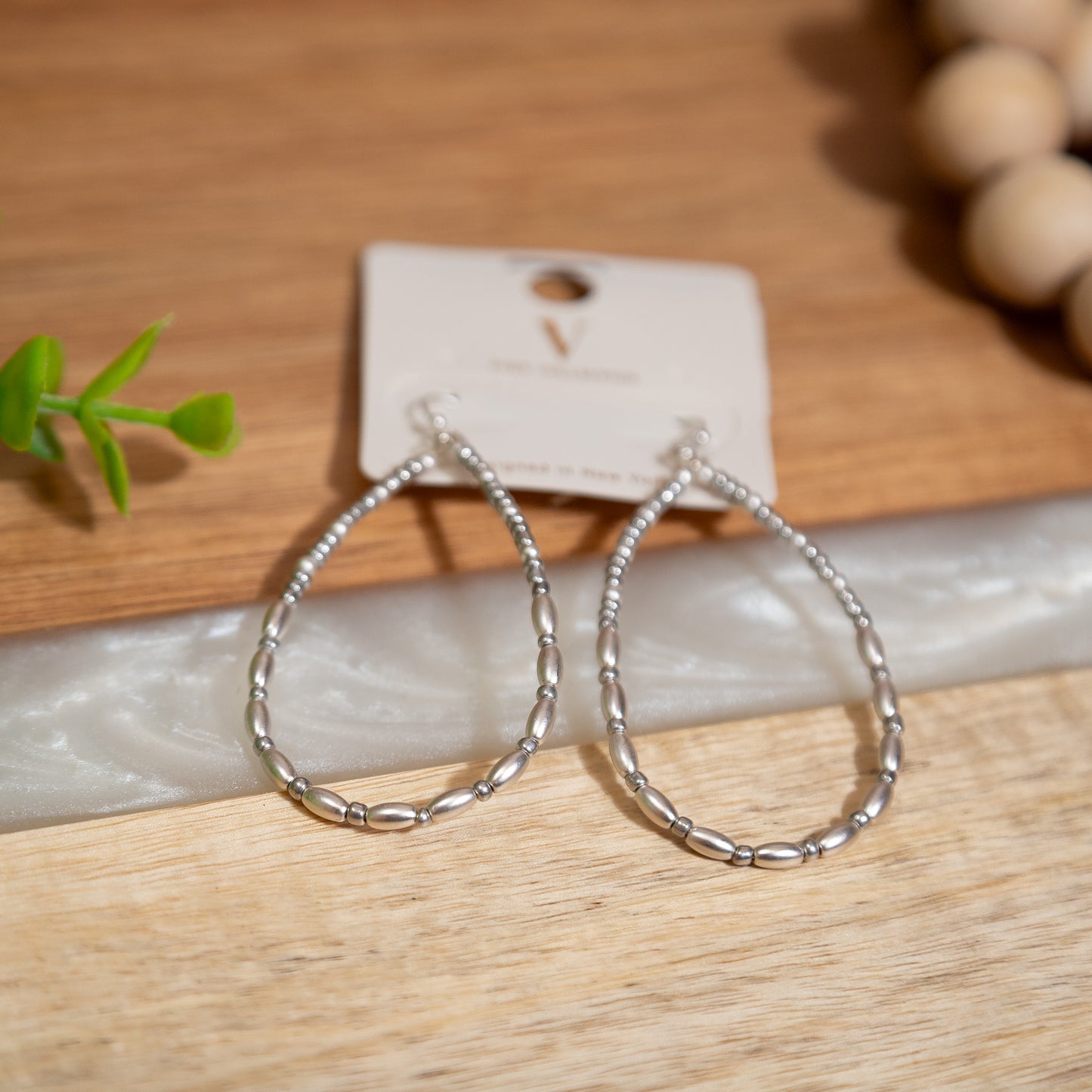 Silver Beaded Teardrop Hoop Earrings