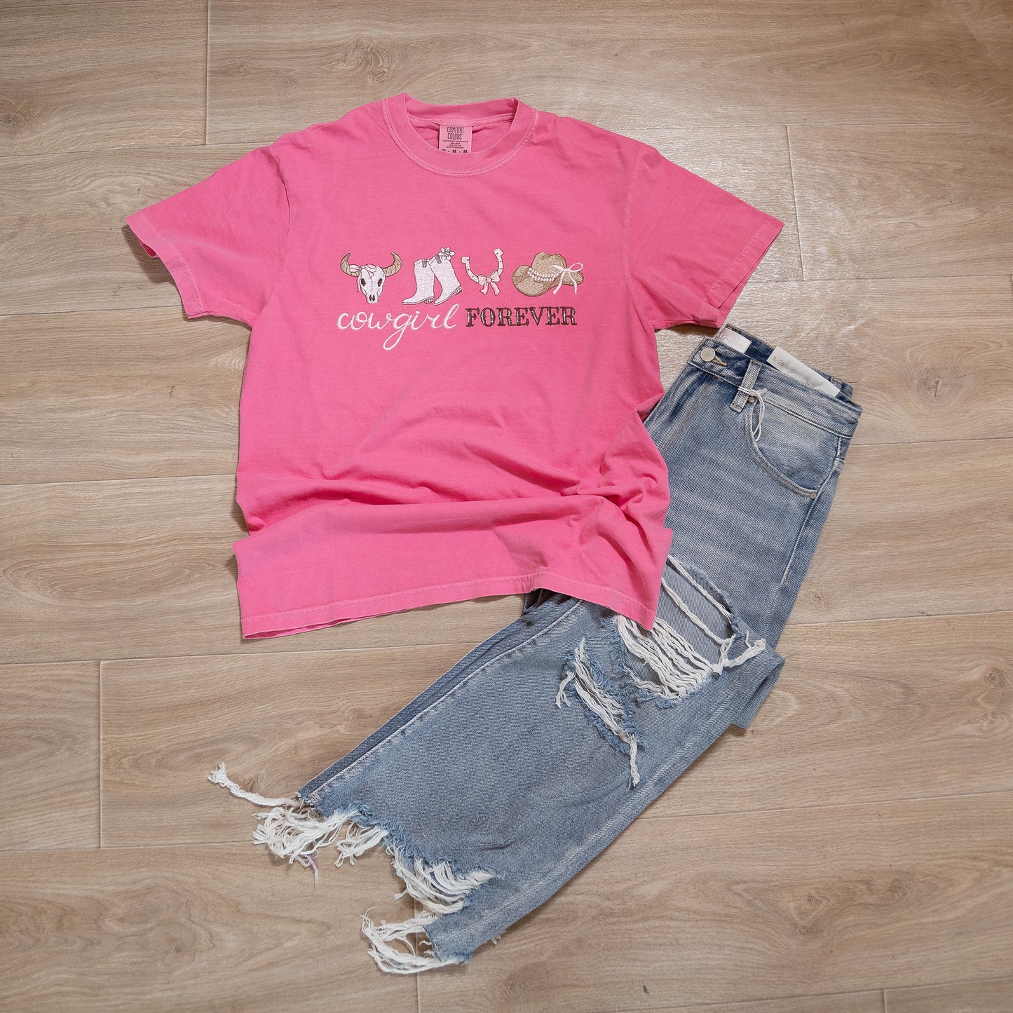 Cowgirl Forever Embroidered Comfort Colors T-Shirt β Western Graphic Tee (Pink or Brown)