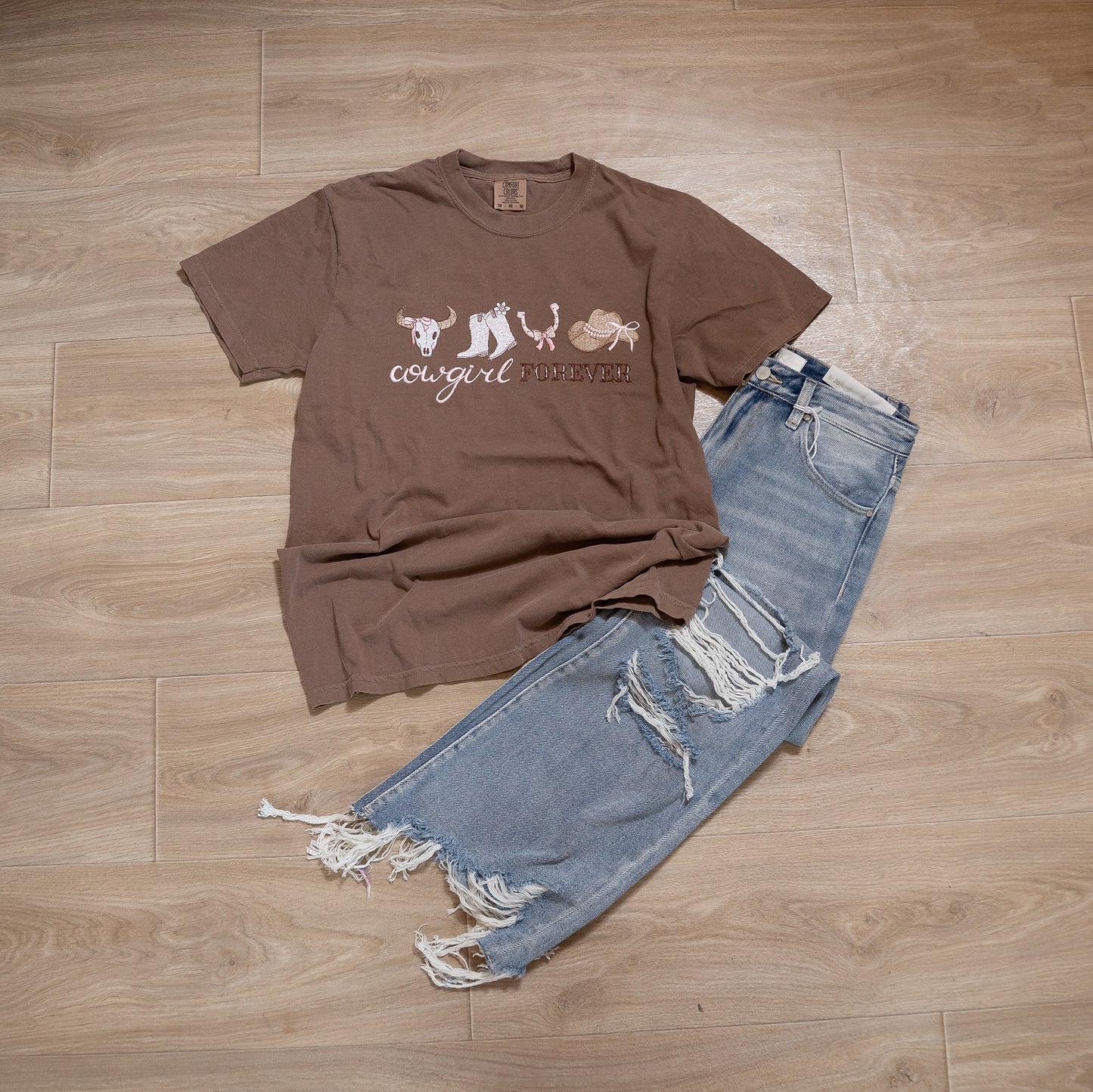Cowgirl Forever Embroidered Comfort Colors T-Shirt β Western Graphic Tee (Pink or Brown)
