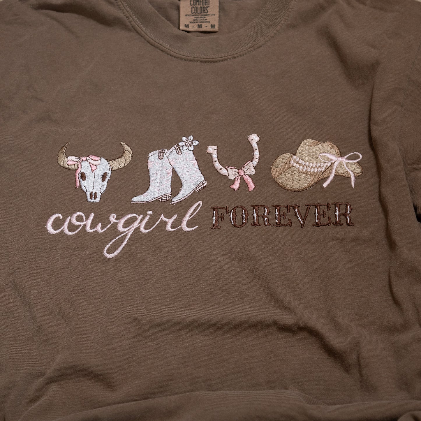 Cowgirl Forever Embroidered Comfort Colors T-Shirt β Western Graphic Tee (Pink or Brown)