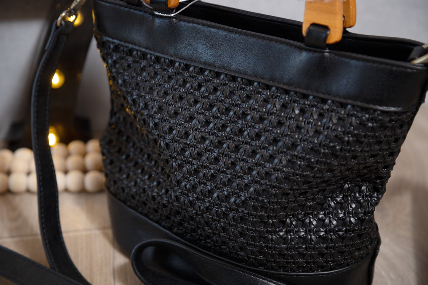 Black Havana Faux Cane Wood Handle Satchel Tote by Joy Susan