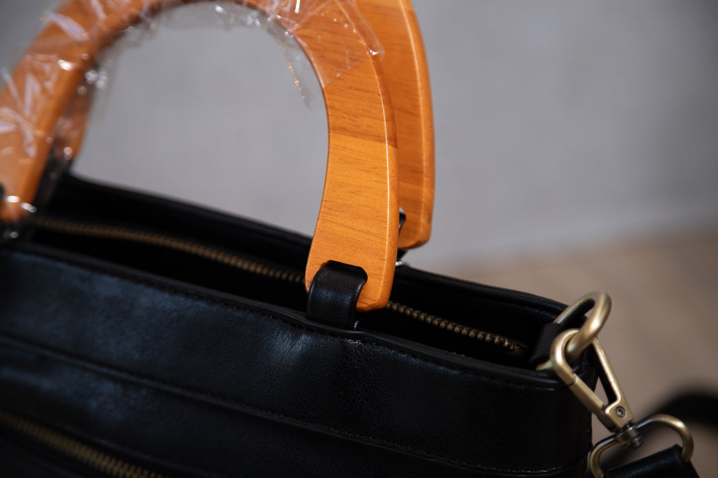 Black Havana Faux Cane Wood Handle Satchel Tote by Joy Susan