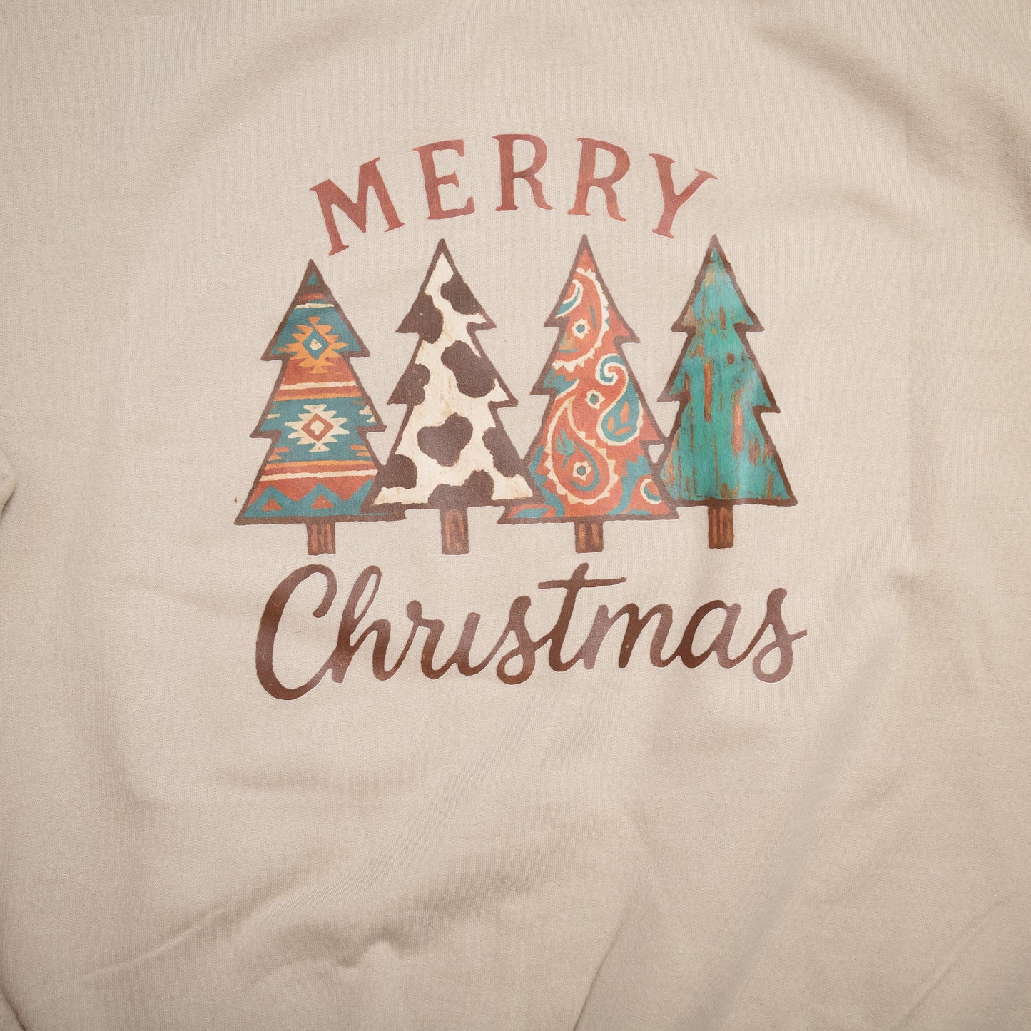 Merry Christmas Southwest Trees Crewneck – Cozy Neutral Holiday Sweatshirt