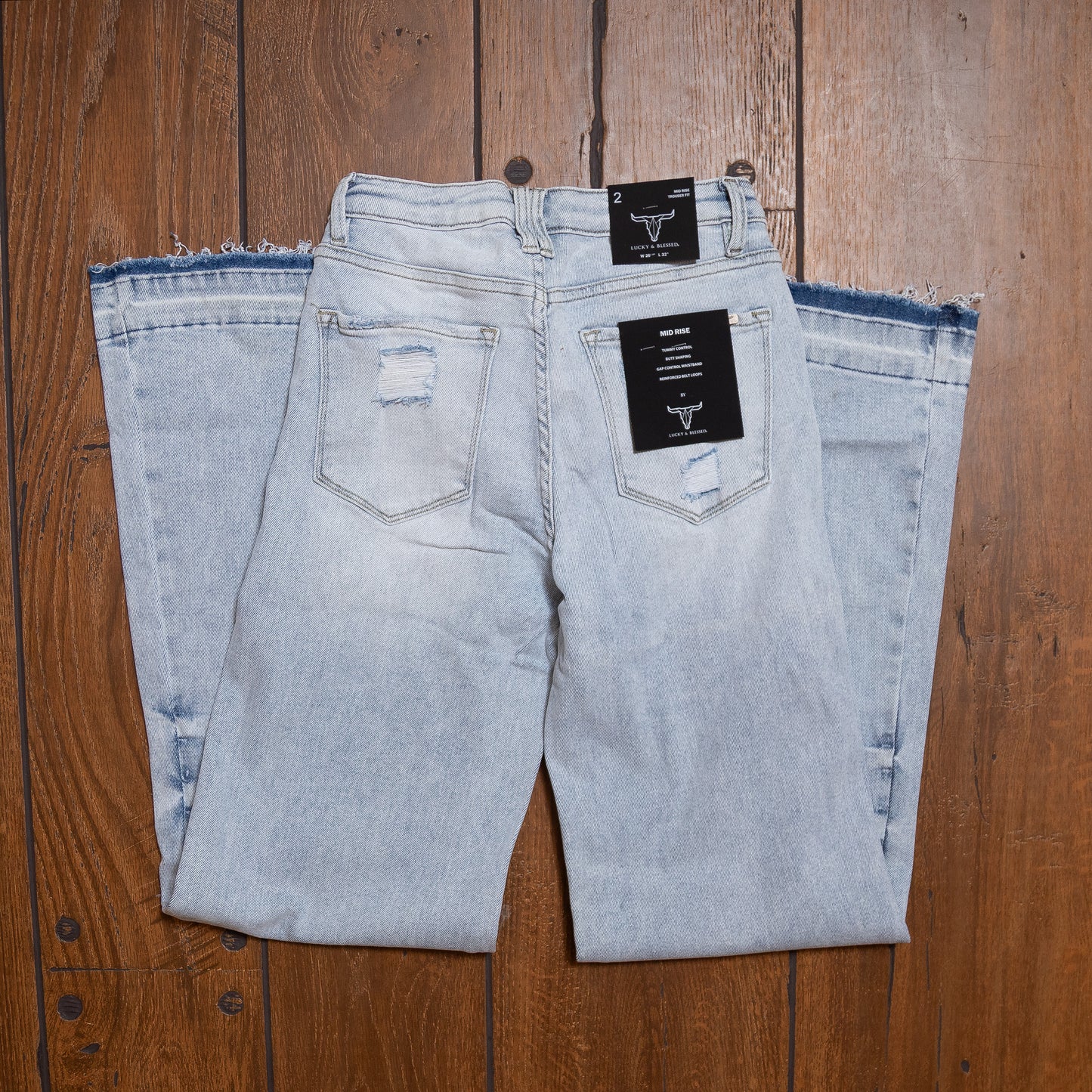 Lucky & Blessed Mid Rise Light Wash Trouser Jeans with Raw Hem – 32” Inseam