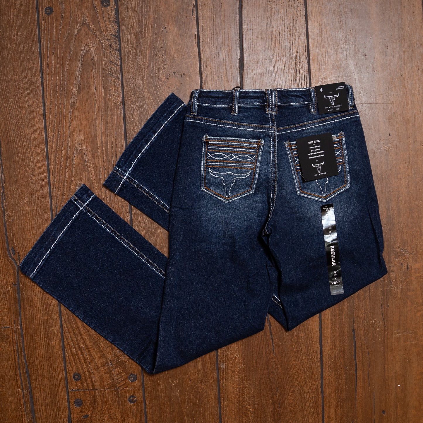 Lucky & Blessed Dark Wash High Rise Boot Cut Jeans with Embroidered Pockets – 32” Inseam
