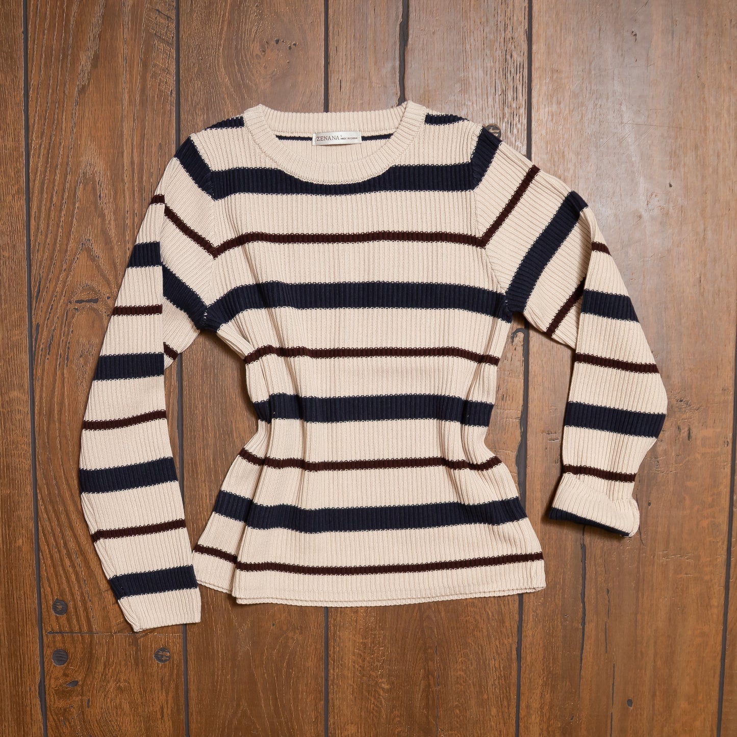 Striped Round Neck Sweater by Zenana – Cozy Casual Women’s Pullover