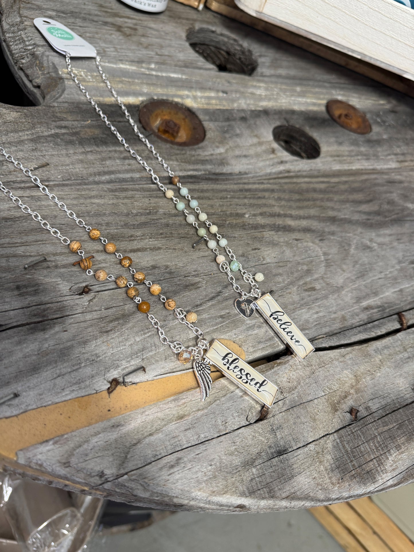 “Believe Your Blessed necklace pendant on delicate chain”
“Inspirational engraved jewelry from B7 Boutique”
“Positive message necklace with adjustable chain”
