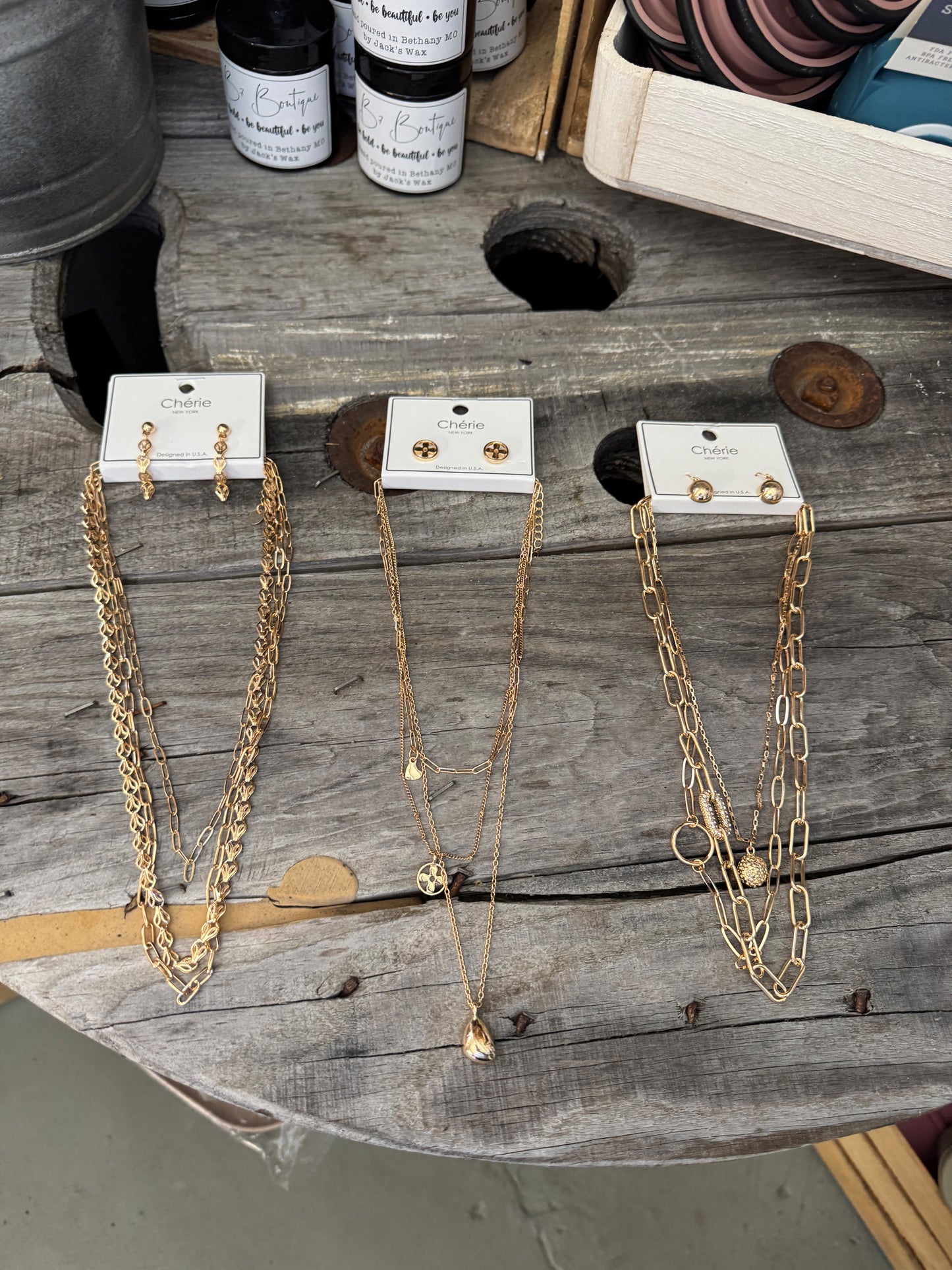 “Layers for Days necklace and earring set – Tear Drop style”
“Layered necklace with matching Leafy Chain earrings”
“Big Paper Clip layered necklace and earring duo, no-tarnish”