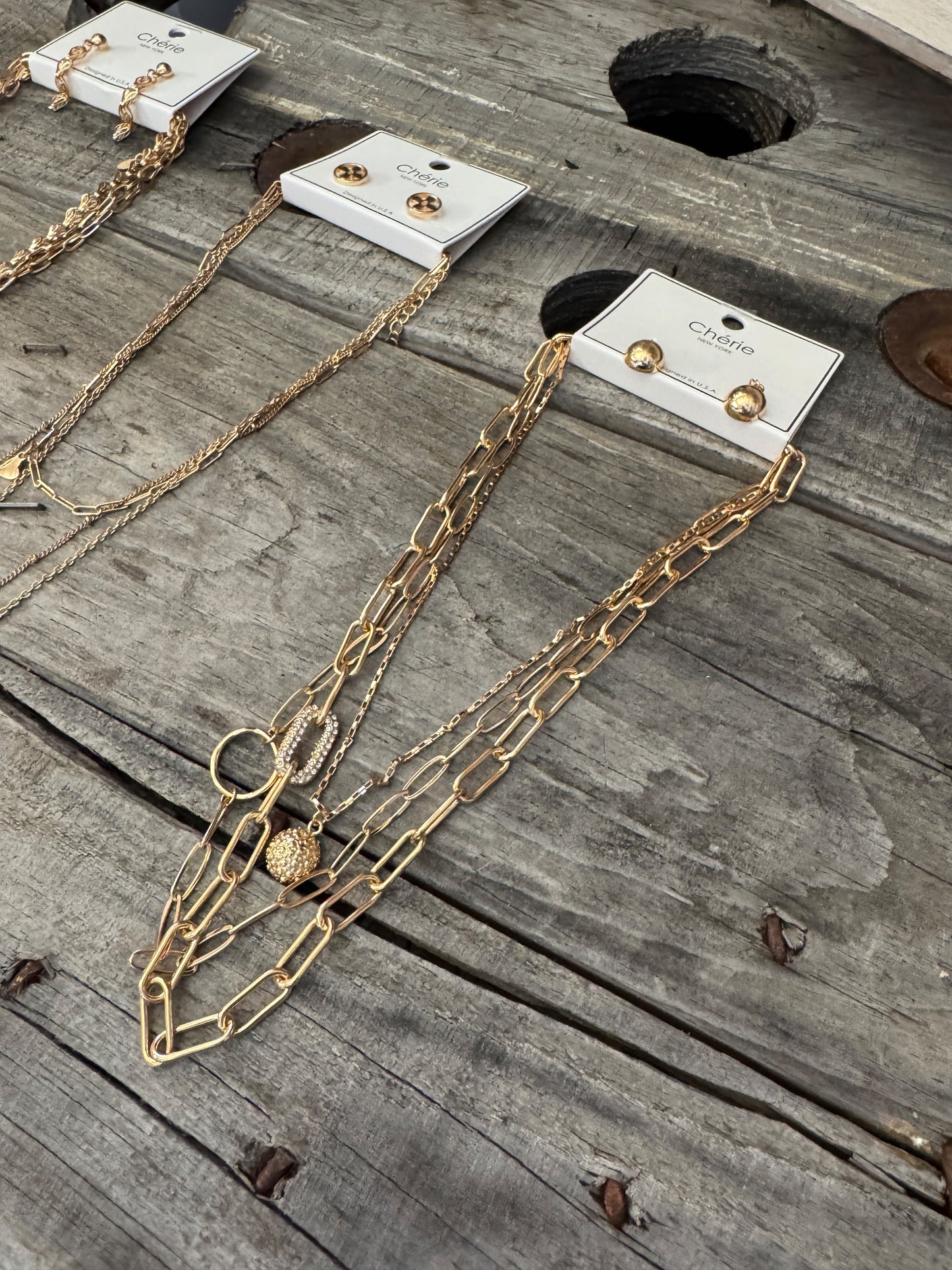 “Layers for Days necklace and earring set – Tear Drop style”
“Layered necklace with matching Leafy Chain earrings”
“Big Paper Clip layered necklace and earring duo, no-tarnish”