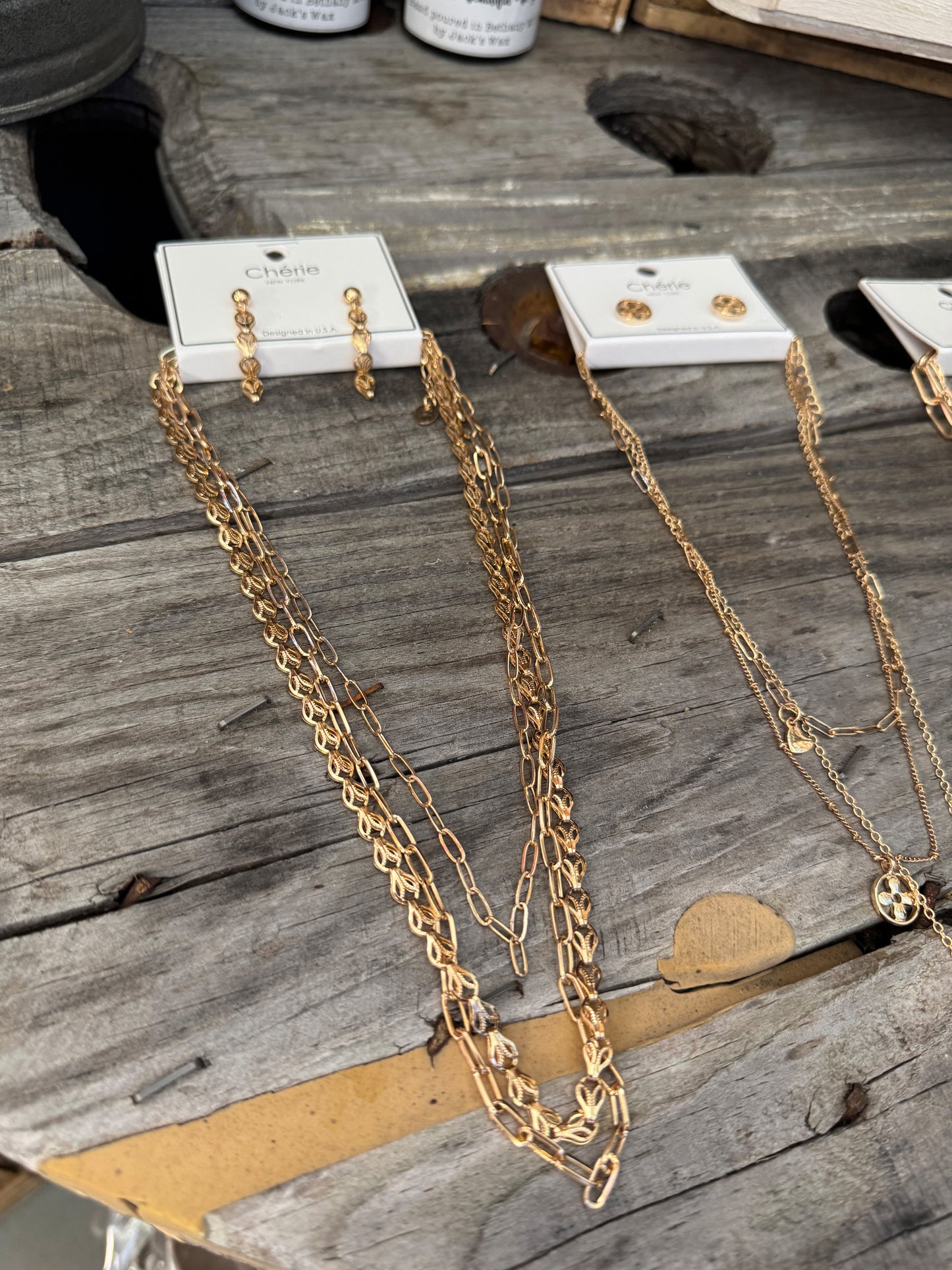 “Layers for Days necklace and earring set – Tear Drop style”
“Layered necklace with matching Leafy Chain earrings”
“Big Paper Clip layered necklace and earring duo, no-tarnish”