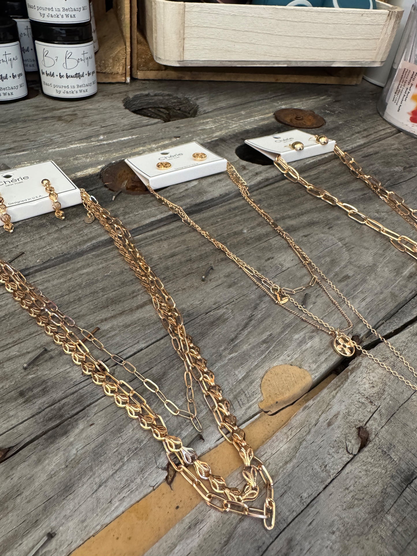 “Layers for Days necklace and earring set – Tear Drop style”
“Layered necklace with matching Leafy Chain earrings”
“Big Paper Clip layered necklace and earring duo, no-tarnish”