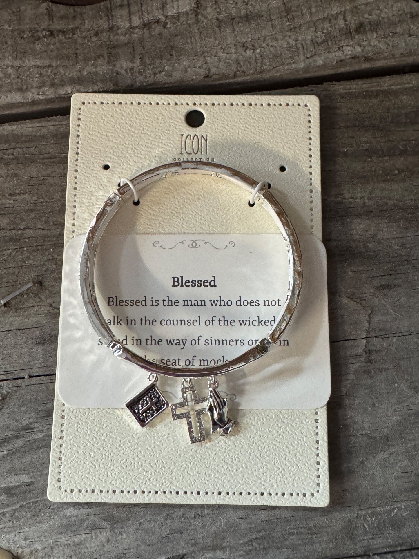 Faithful Grace silver charm bracelet with Bible, praying hands, and cross
Inspirational faith charm bracelet adjustable fit
Meaningful religious jewelry from B7 Boutique