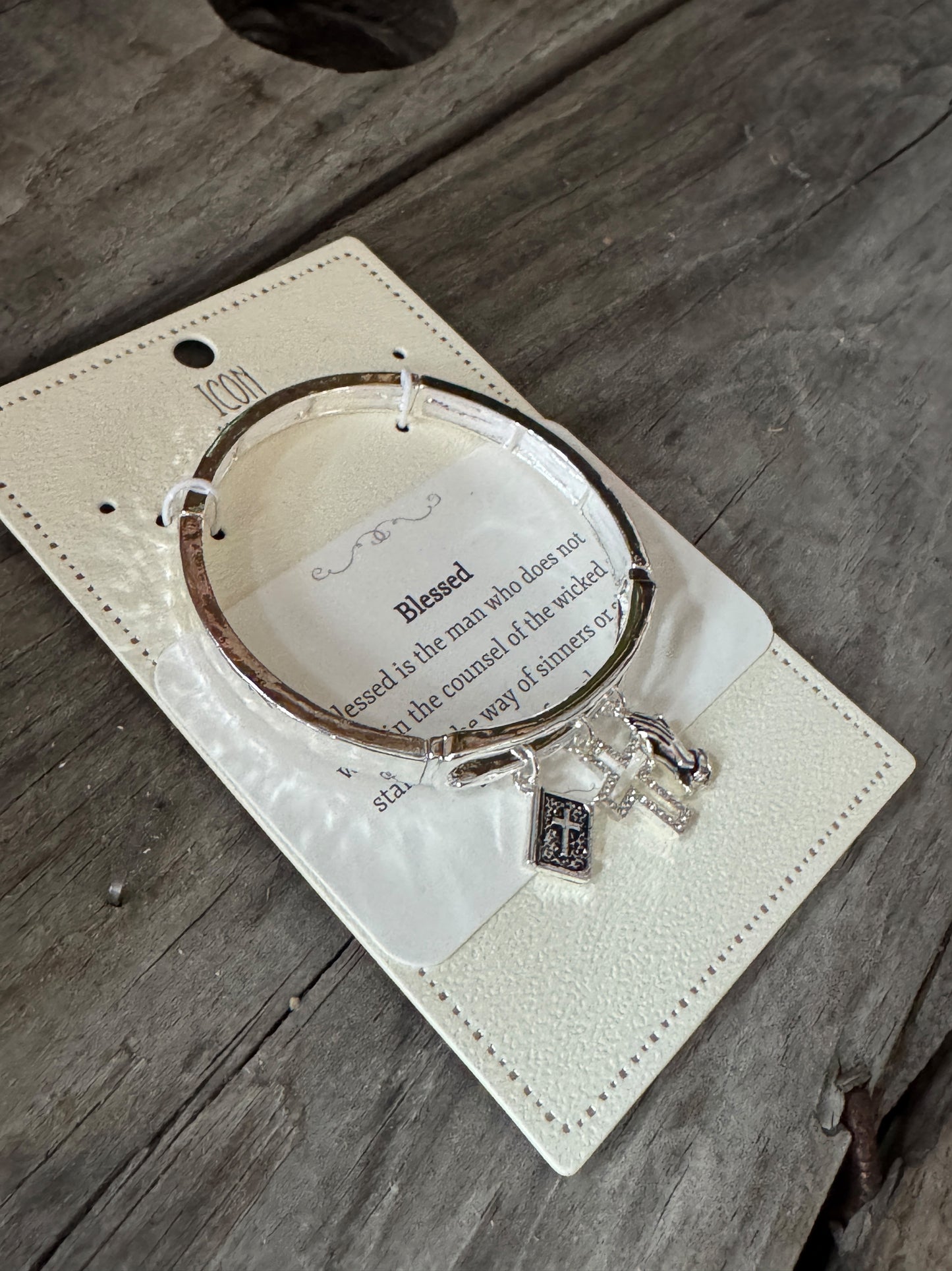 Faithful Grace silver charm bracelet with Bible, praying hands, and cross
Inspirational faith charm bracelet adjustable fit
Meaningful religious jewelry from B7 Boutique