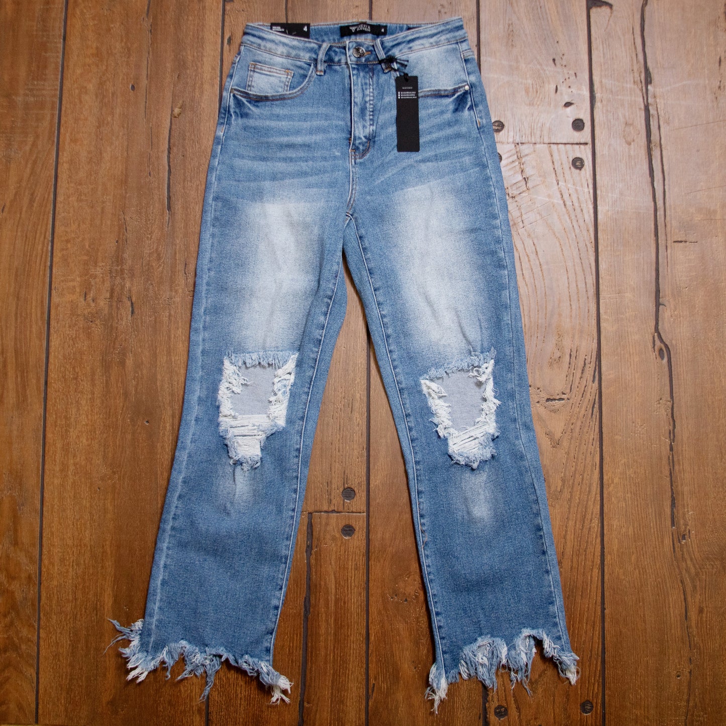 Lucky & Blessed High Rise Boyfriend Jeans – Mid Wash, Knee Rip & Frayed Hem (28.5" Inseam)
