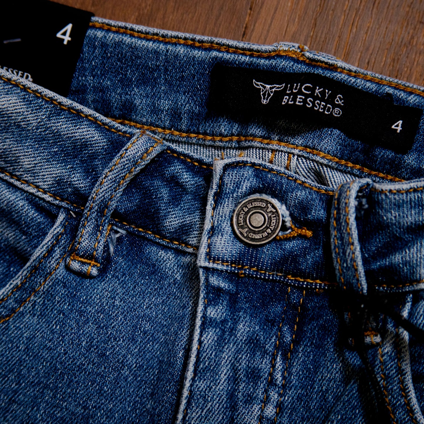 Lucky & Blessed High Rise Boyfriend Jeans – Mid Wash, Knee Rip & Frayed Hem (28.5" Inseam)