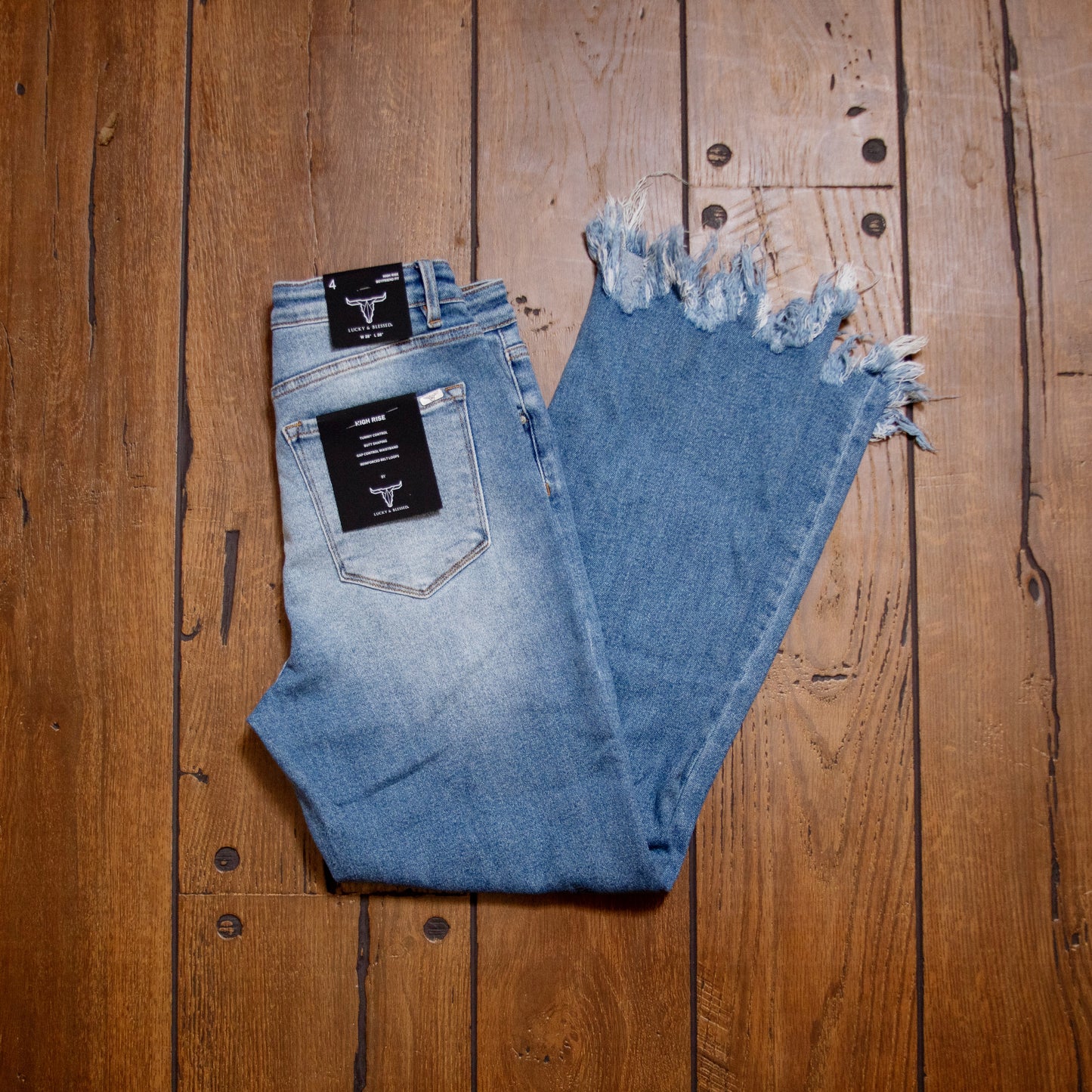 Lucky & Blessed High Rise Boyfriend Jeans – Mid Wash, Knee Rip & Frayed Hem (28.5" Inseam)