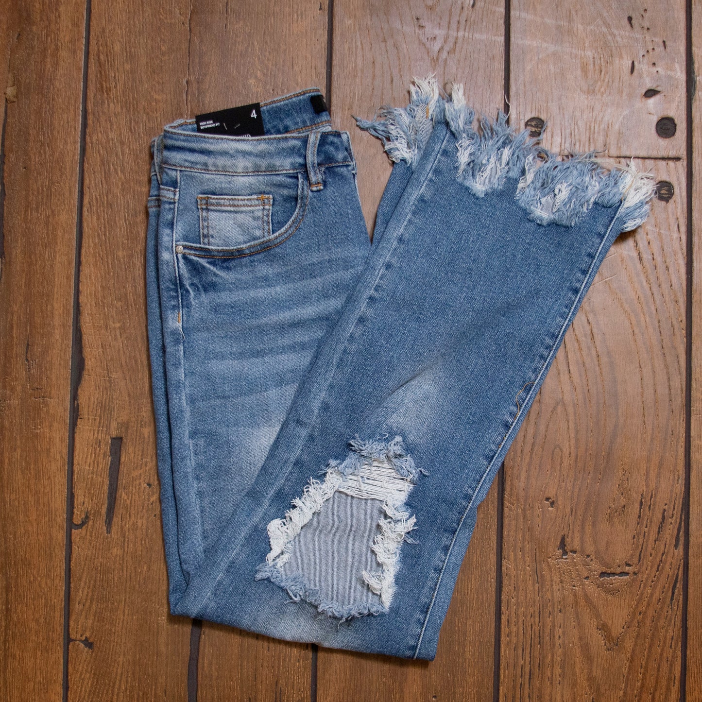 Lucky & Blessed High Rise Boyfriend Jeans – Mid Wash, Knee Rip & Frayed Hem (28.5" Inseam)