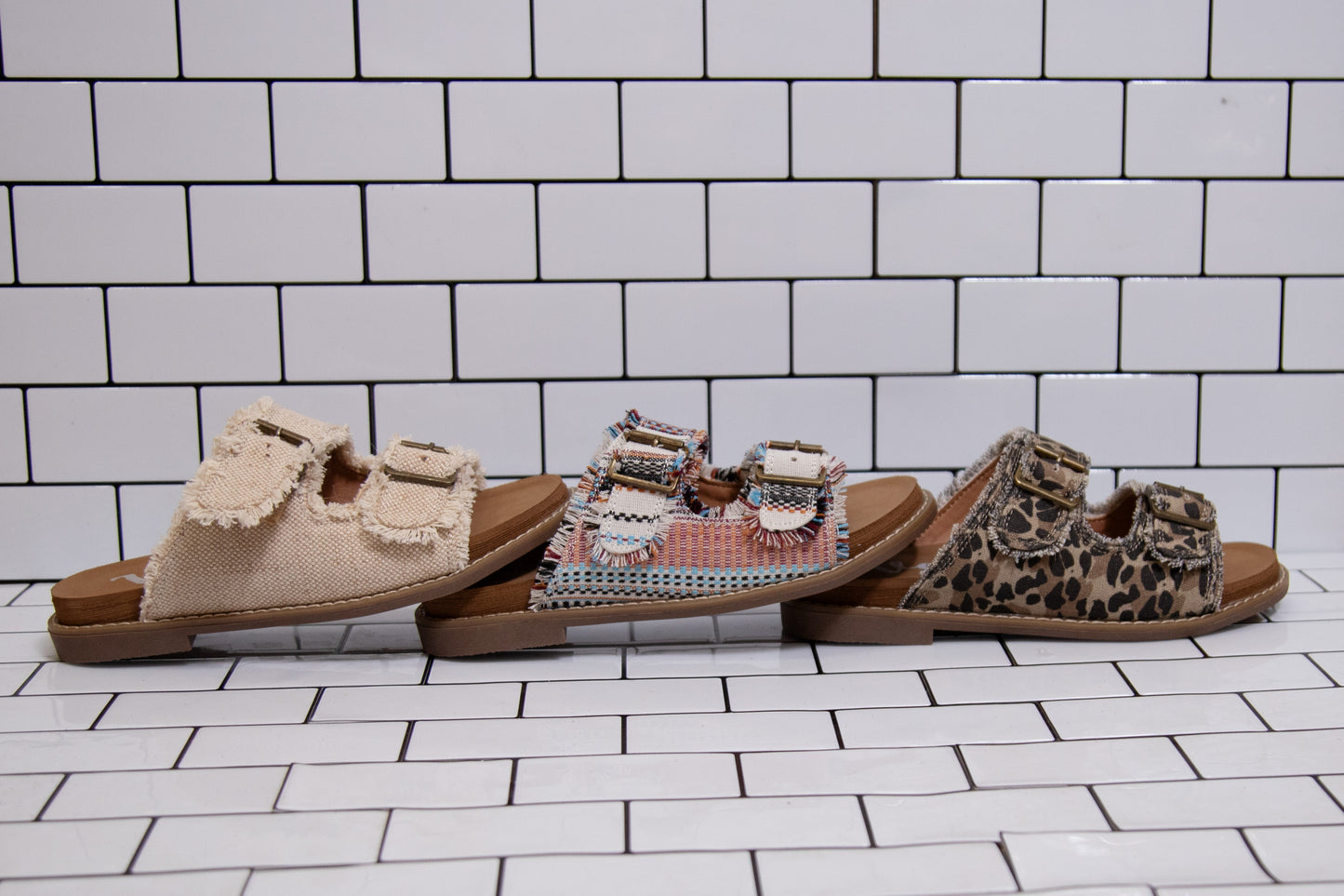 Very G slip-on sandal with frayed fabric and buckle detail
