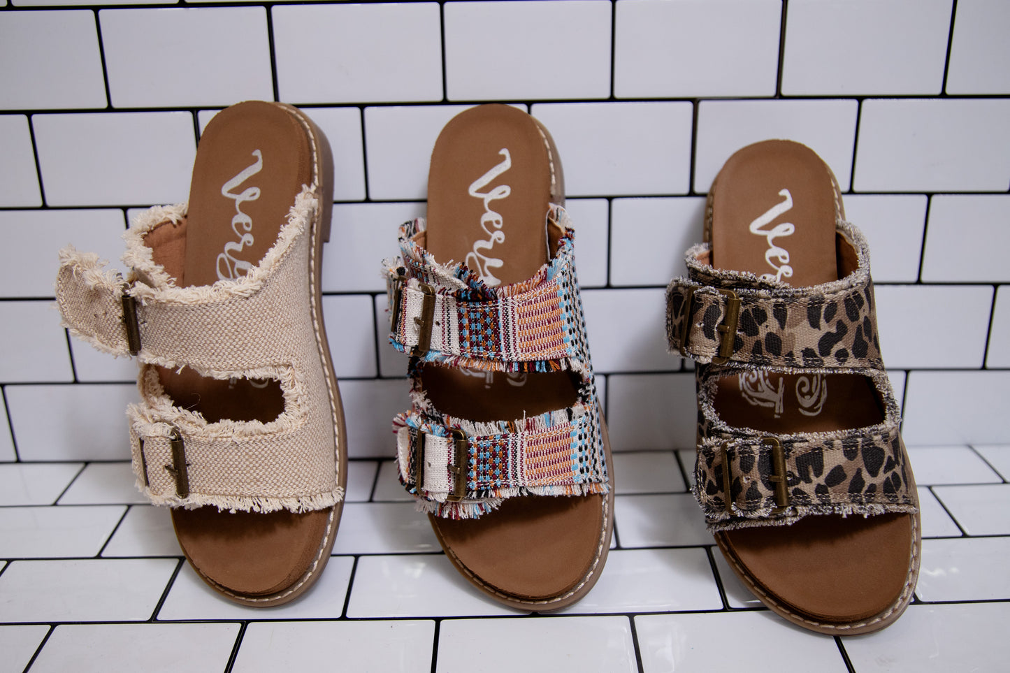 Very G slip-on sandal with frayed fabric and buckle detail