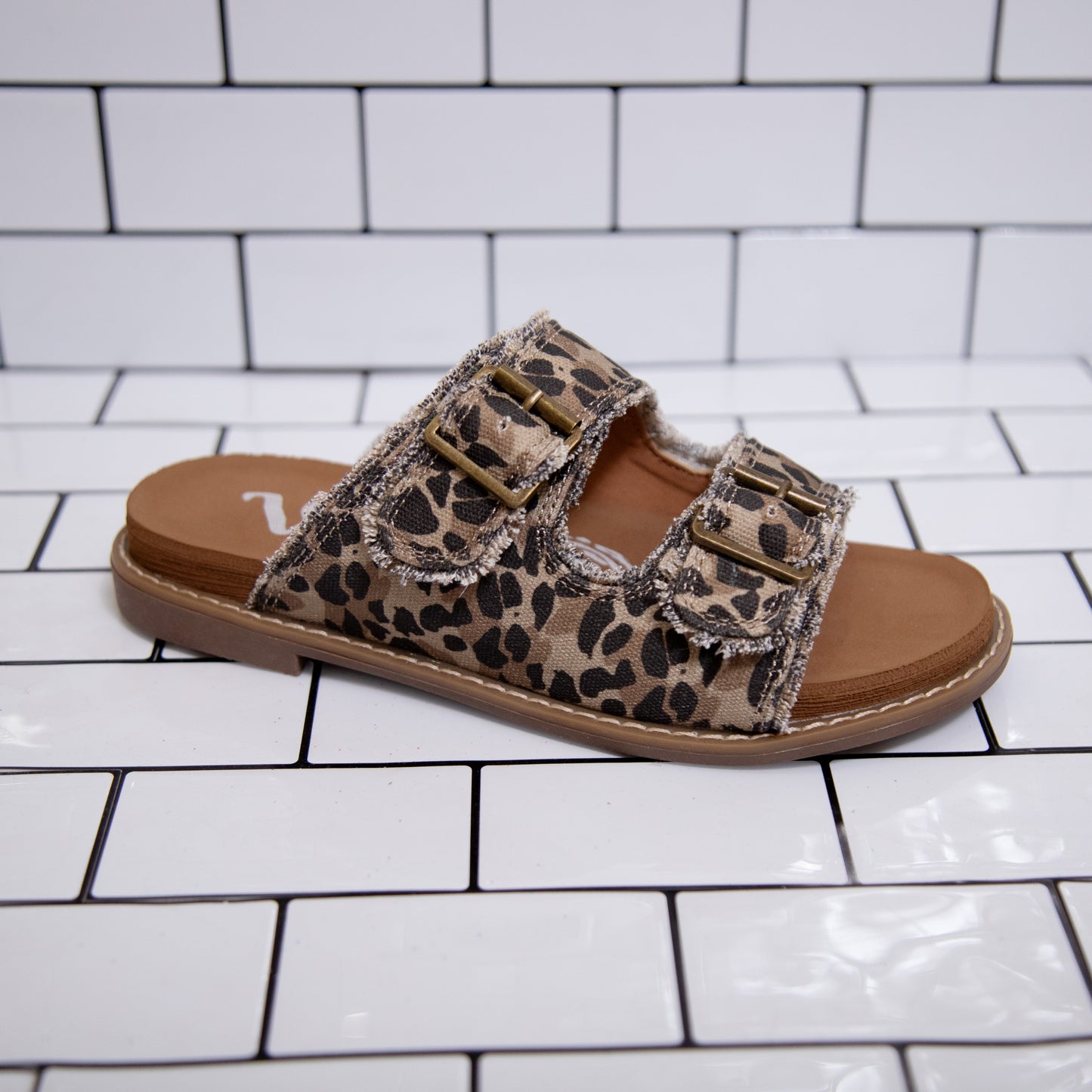 Very G Slip-On Sandal for Women – Buckle Detail, Frayed Fabric, Soft Footbed (Cream, Multi, Leopard)