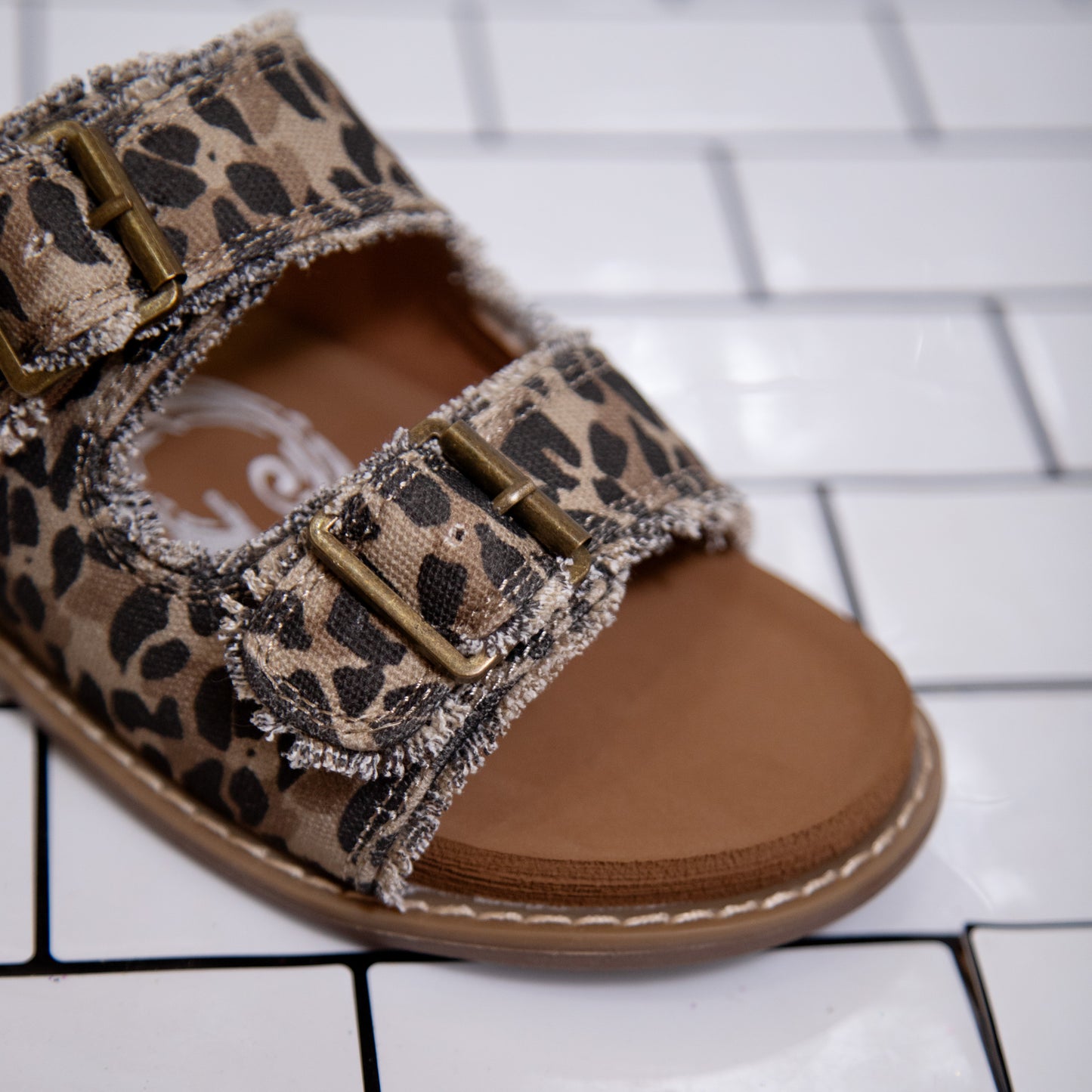 Very G Slip-On Sandal for Women – Buckle Detail, Frayed Fabric, Soft Footbed (Cream, Multi, Leopard)