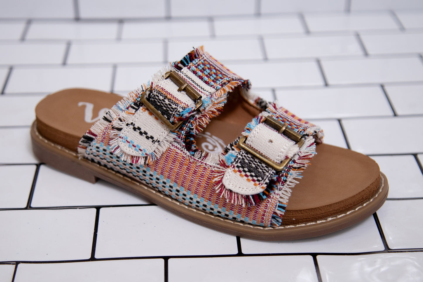 Very G Slip-On Sandal for Women – Buckle Detail, Frayed Fabric, Soft Footbed (Cream, Multi, Leopard)