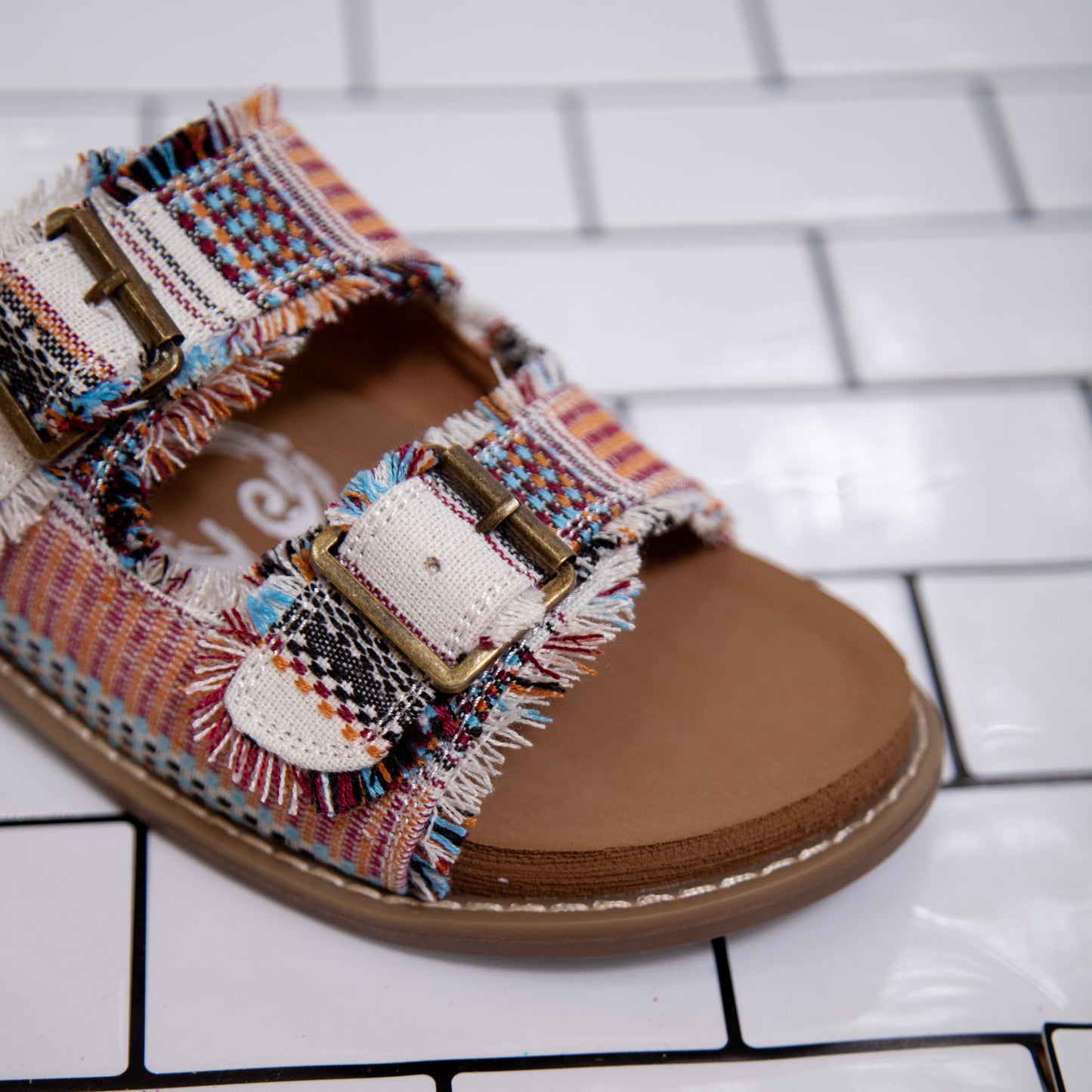 Very G Slip-On Sandal for Women – Buckle Detail, Frayed Fabric, Soft Footbed (Cream, Multi, Leopard)