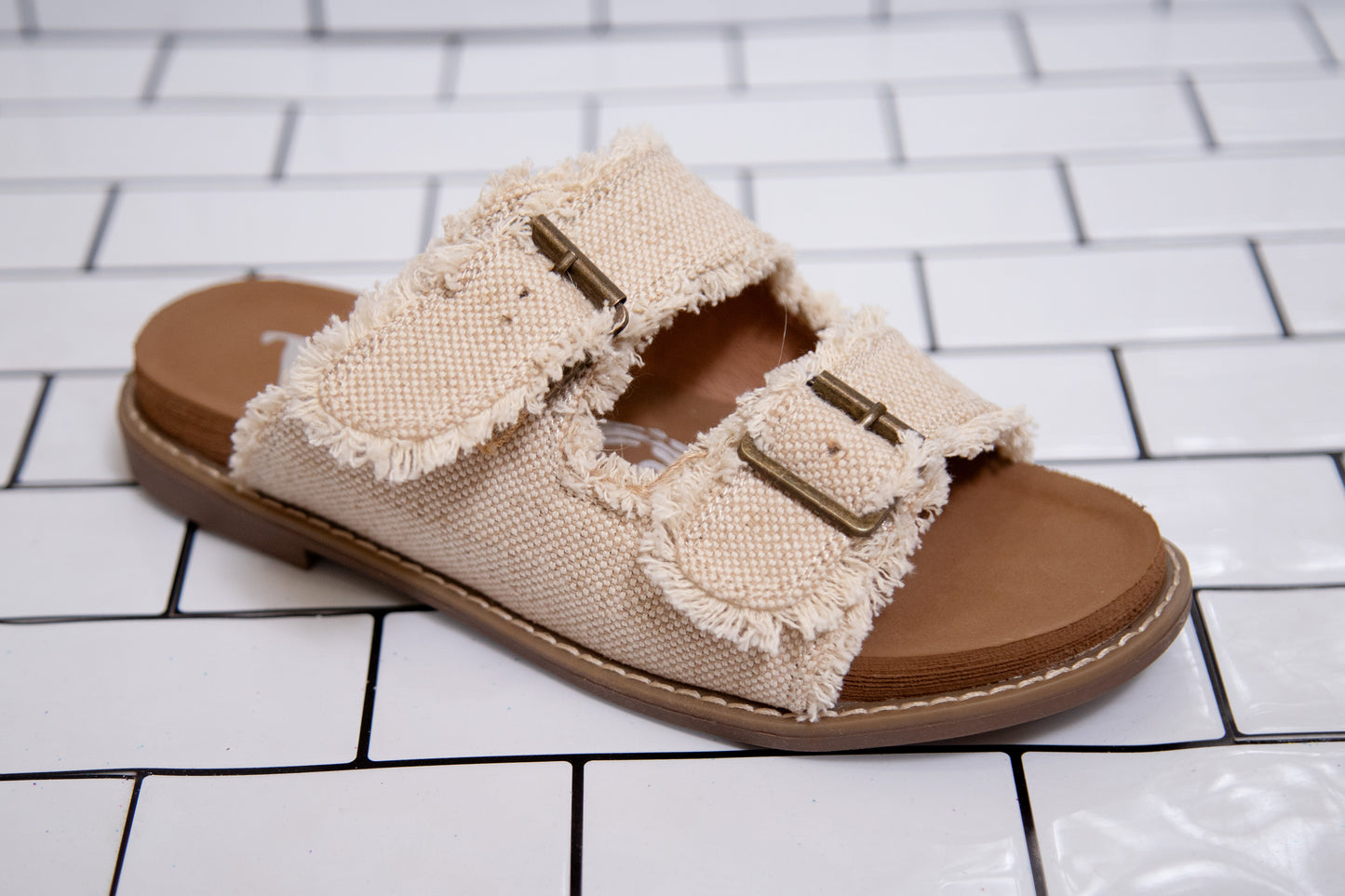 Very G Slip-On Sandal for Women – Buckle Detail, Frayed Fabric, Soft Footbed (Cream, Multi, Leopard)